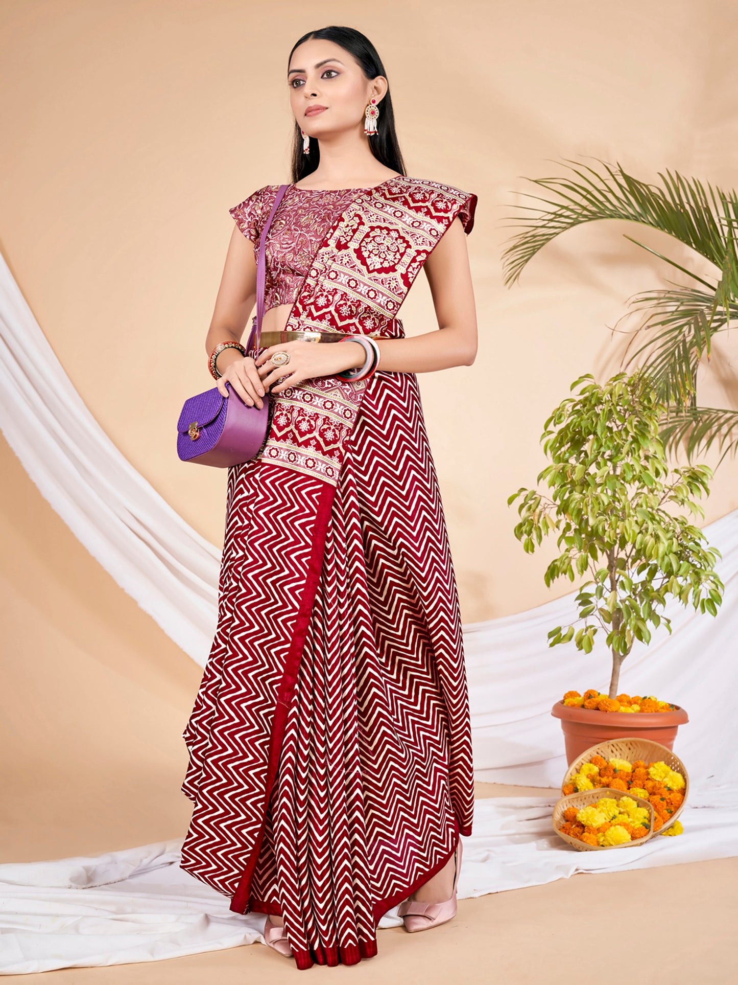 Women's Dola Silk Red Printed Designer Saree With Blouse Piece