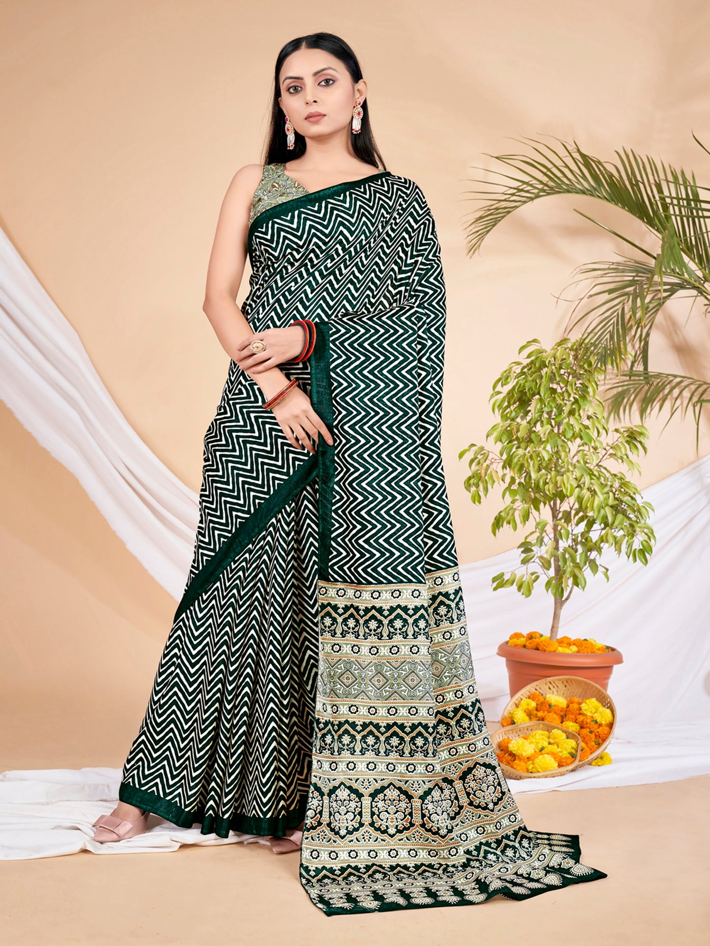 Women's Dola Silk Dark Green Printed Designer Saree With Blouse Piece