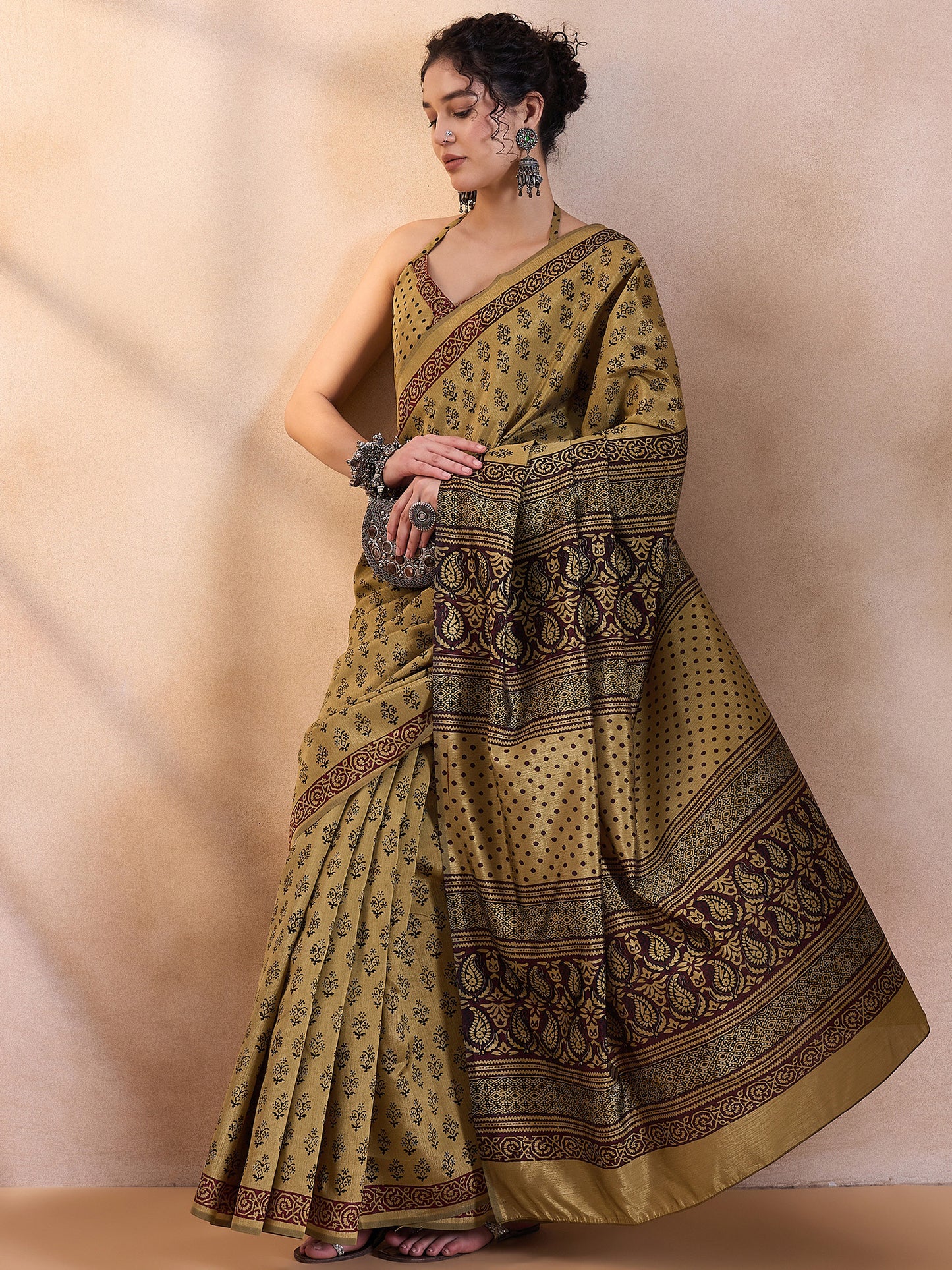 Women's Dola Silk Beige Printed Designer Saree With Blouse Piece