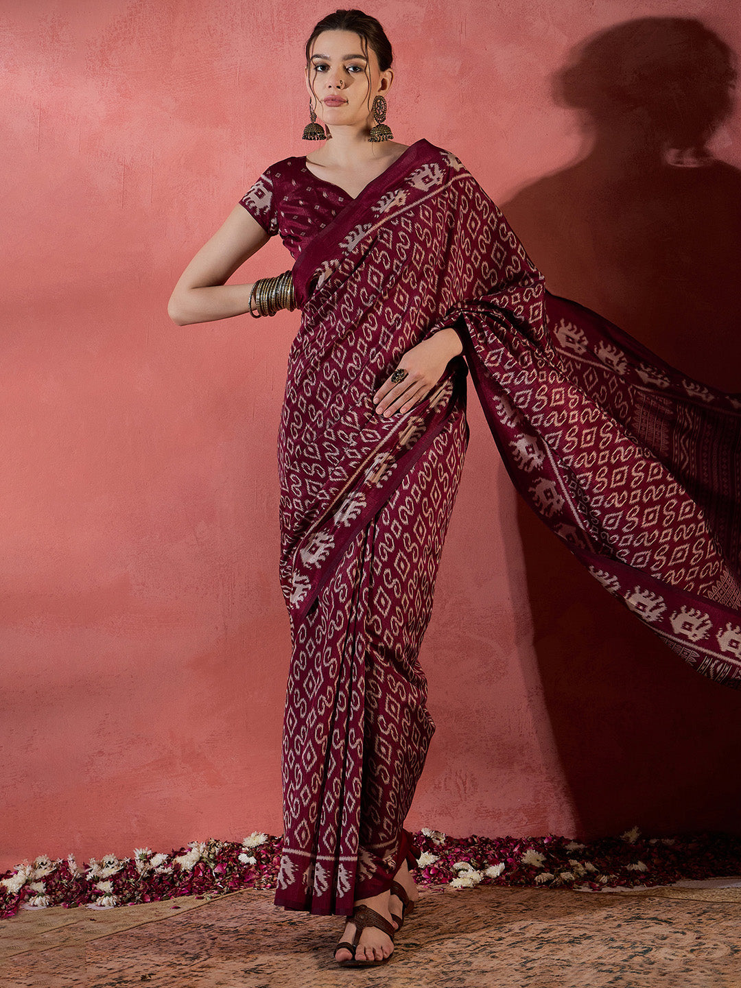 Women's Dola Silk Maroon Printed Designer Saree With Blouse Piece