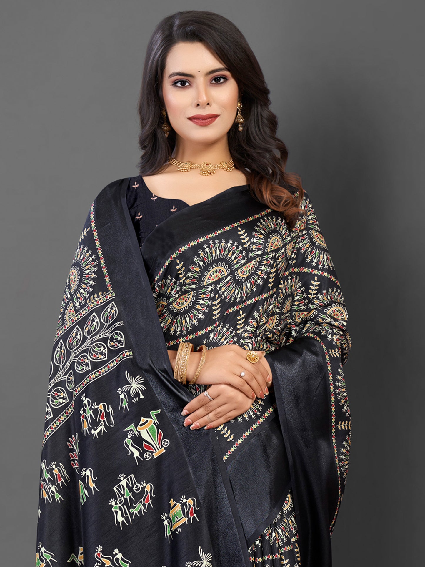 Women's Dola Silk Black Printed Designer Saree With Blouse Piece