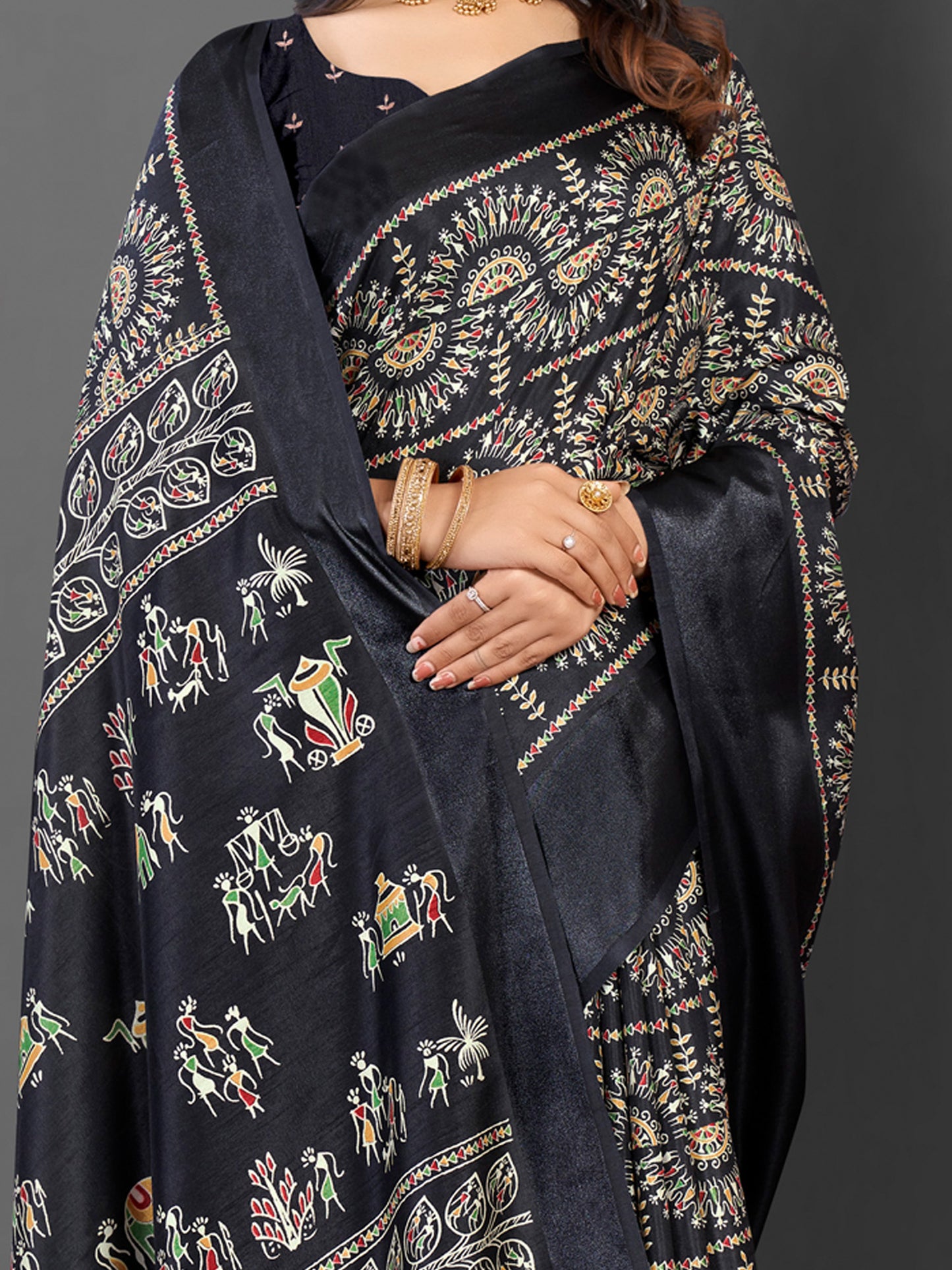 Women's Dola Silk Black Printed Designer Saree With Blouse Piece