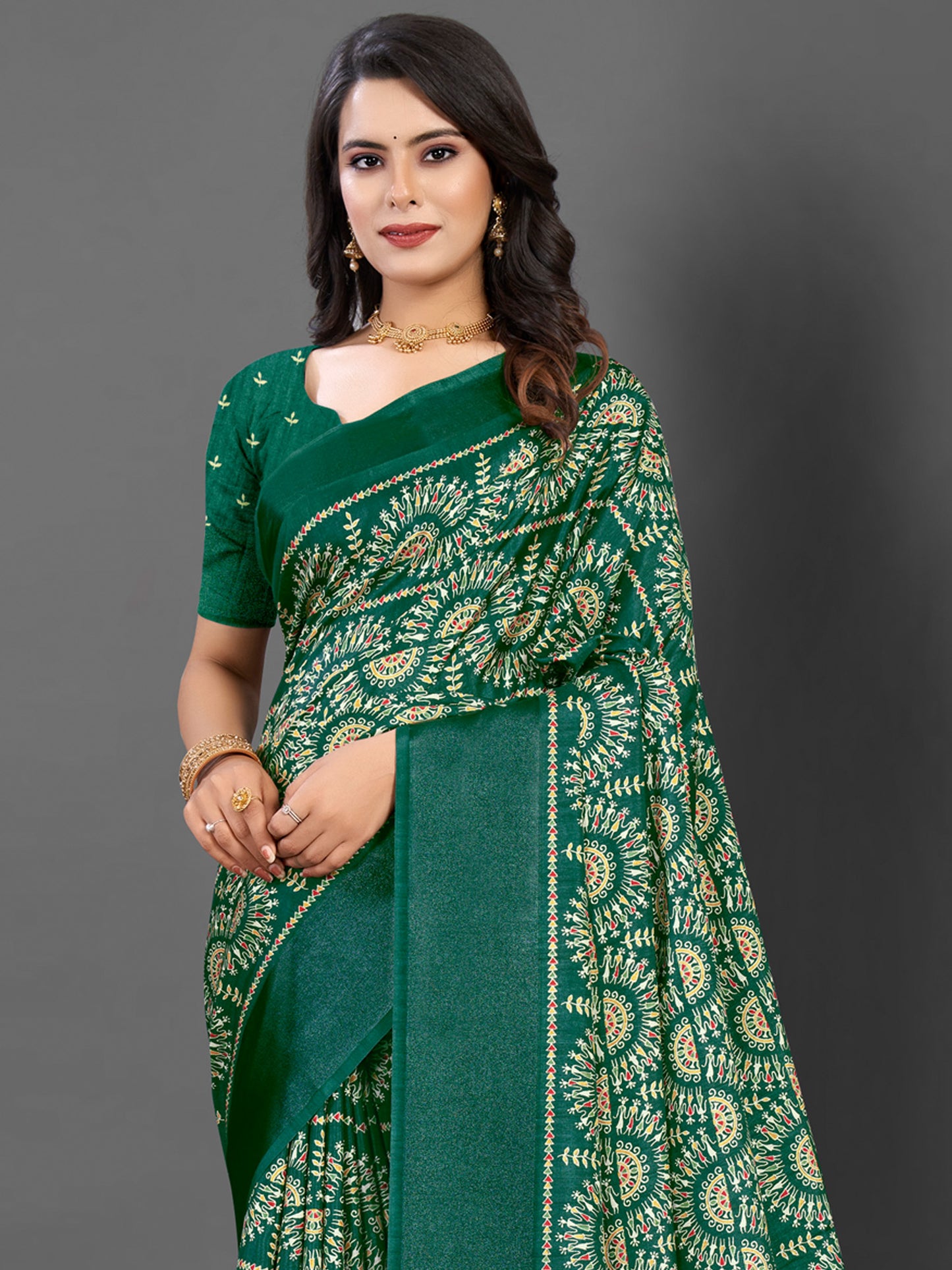 Women's Dola Silk Green Printed Designer Saree With Blouse Piece