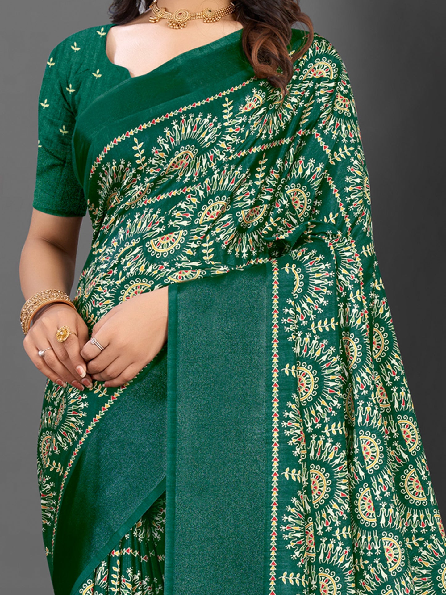 Women's Dola Silk Green Printed Designer Saree With Blouse Piece