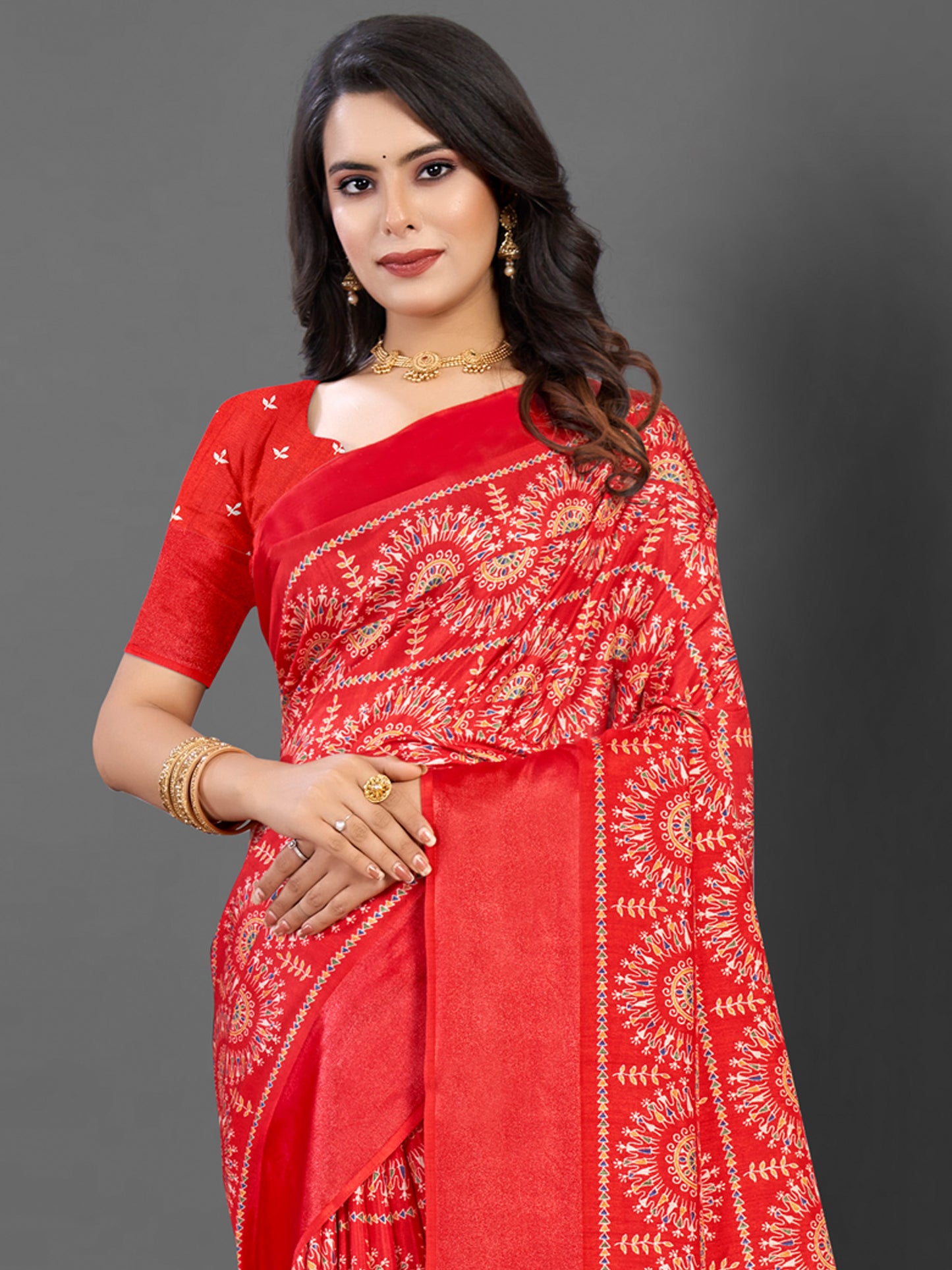 Women's Dola Silk Red Printed Designer Saree With Blouse Piece