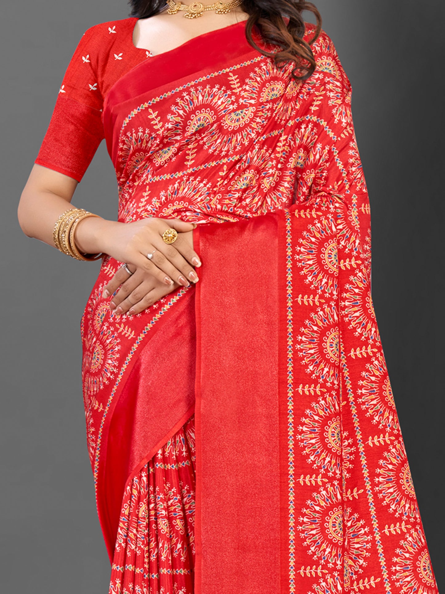 Women's Dola Silk Red Printed Designer Saree With Blouse Piece