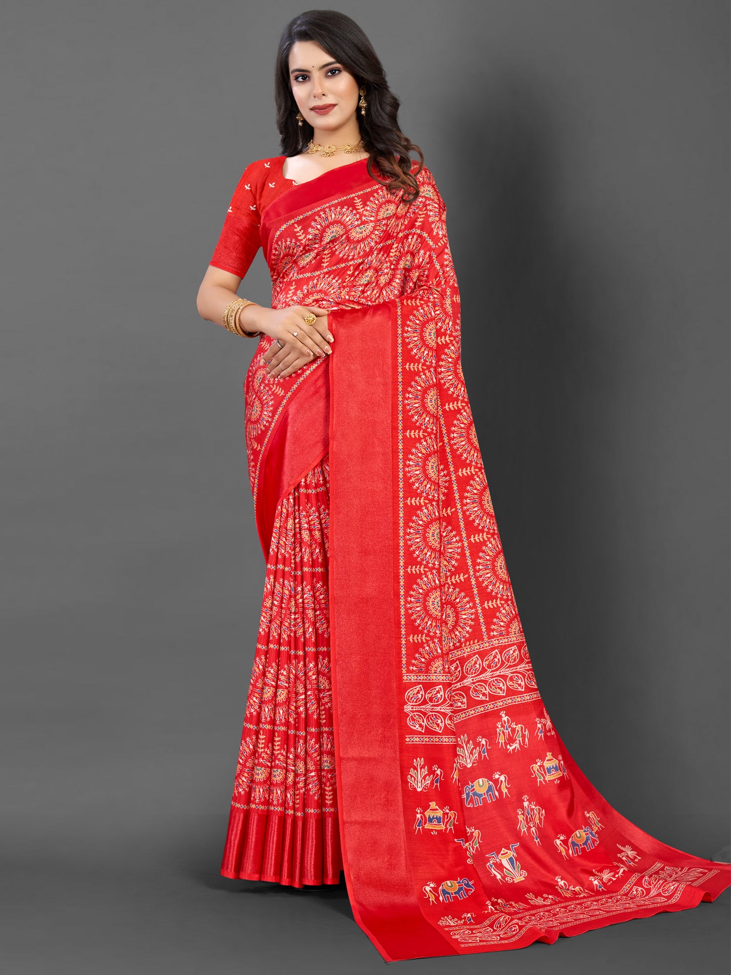 Women's Dola Silk Red Printed Designer Saree With Blouse Piece