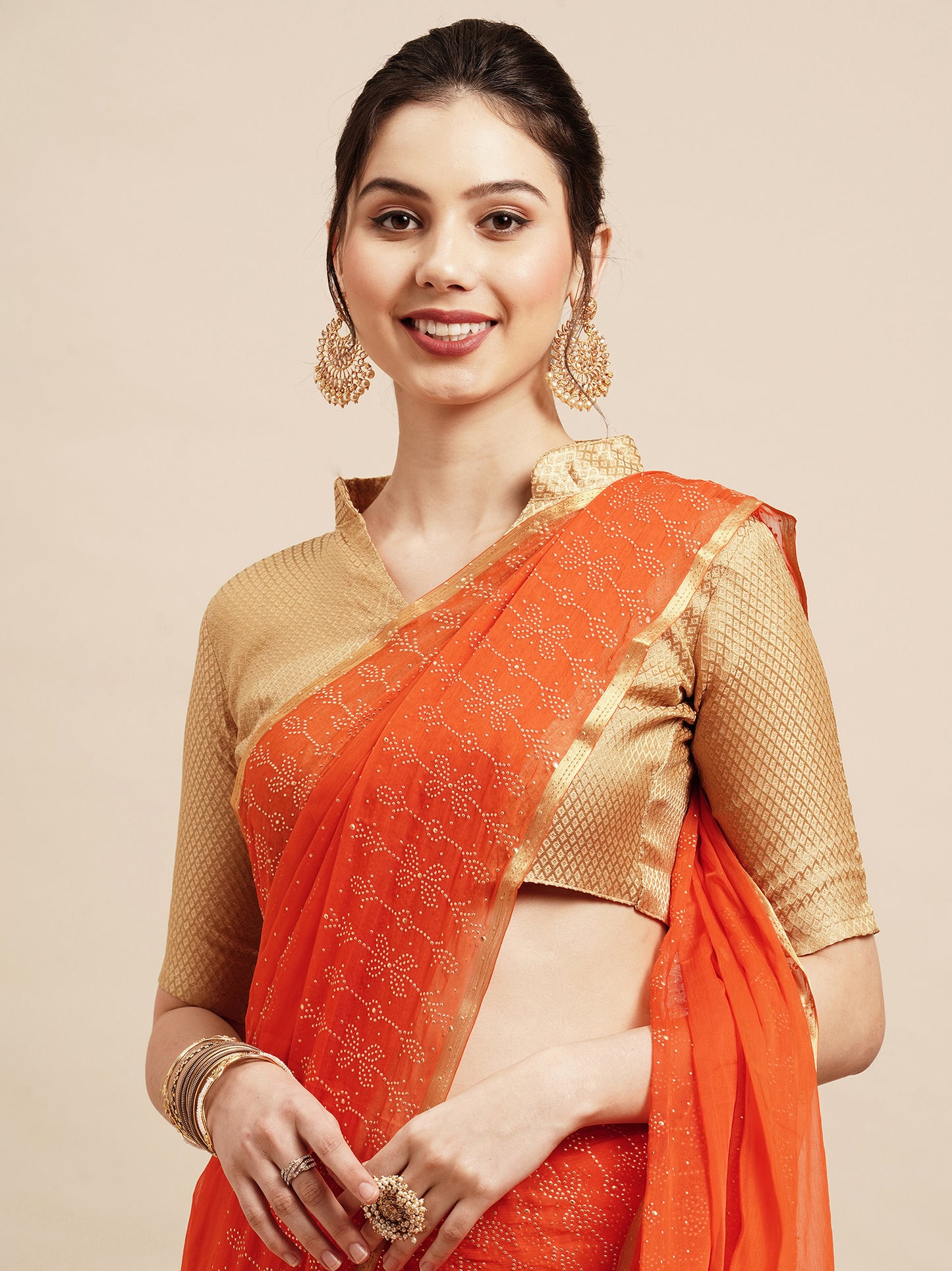 Women's Chiffon Orange Embellished Designer Saree With Blouse Piece