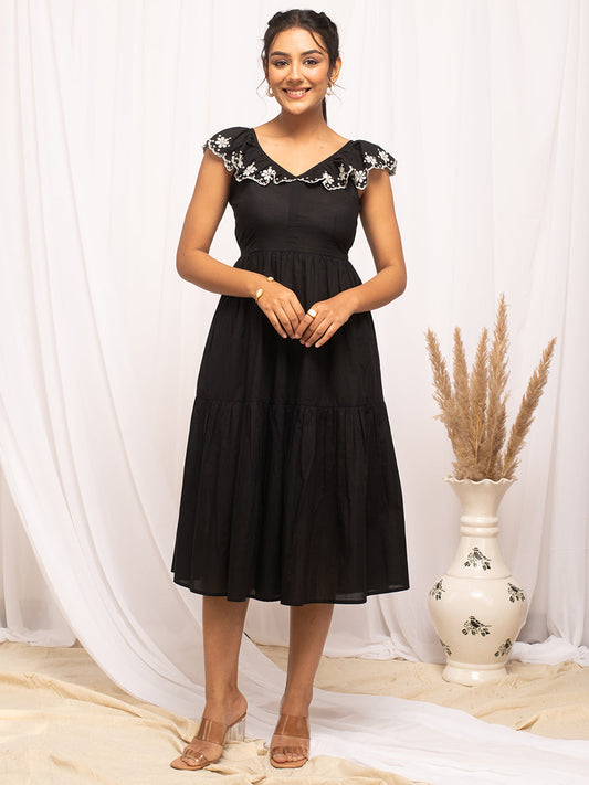 Women's Balck Colour Solid Cotton Skater Dress