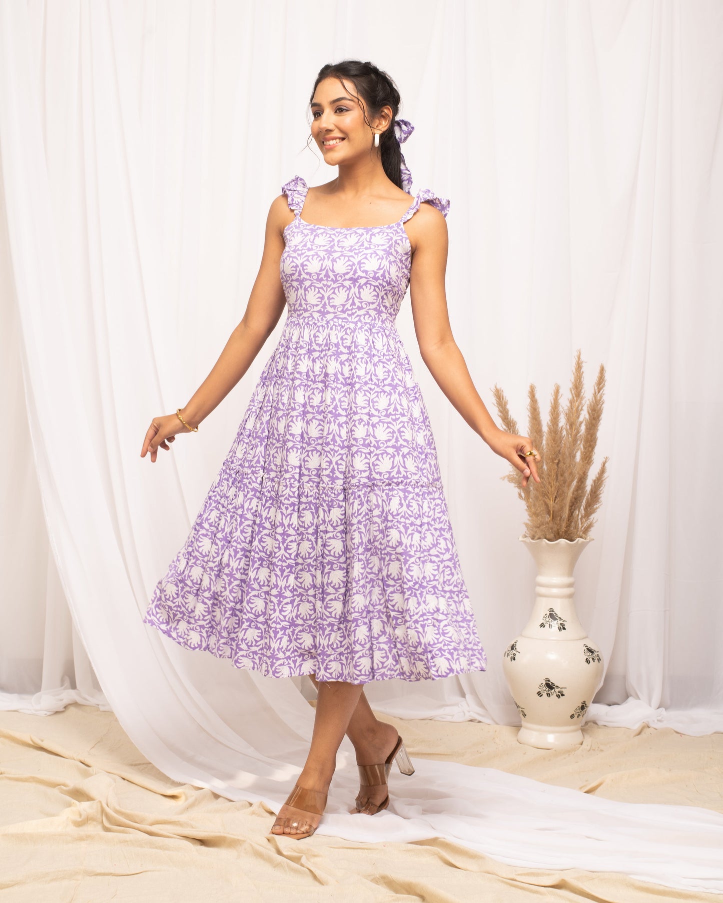 Women's Lavender Cotton Floral Printed Dress