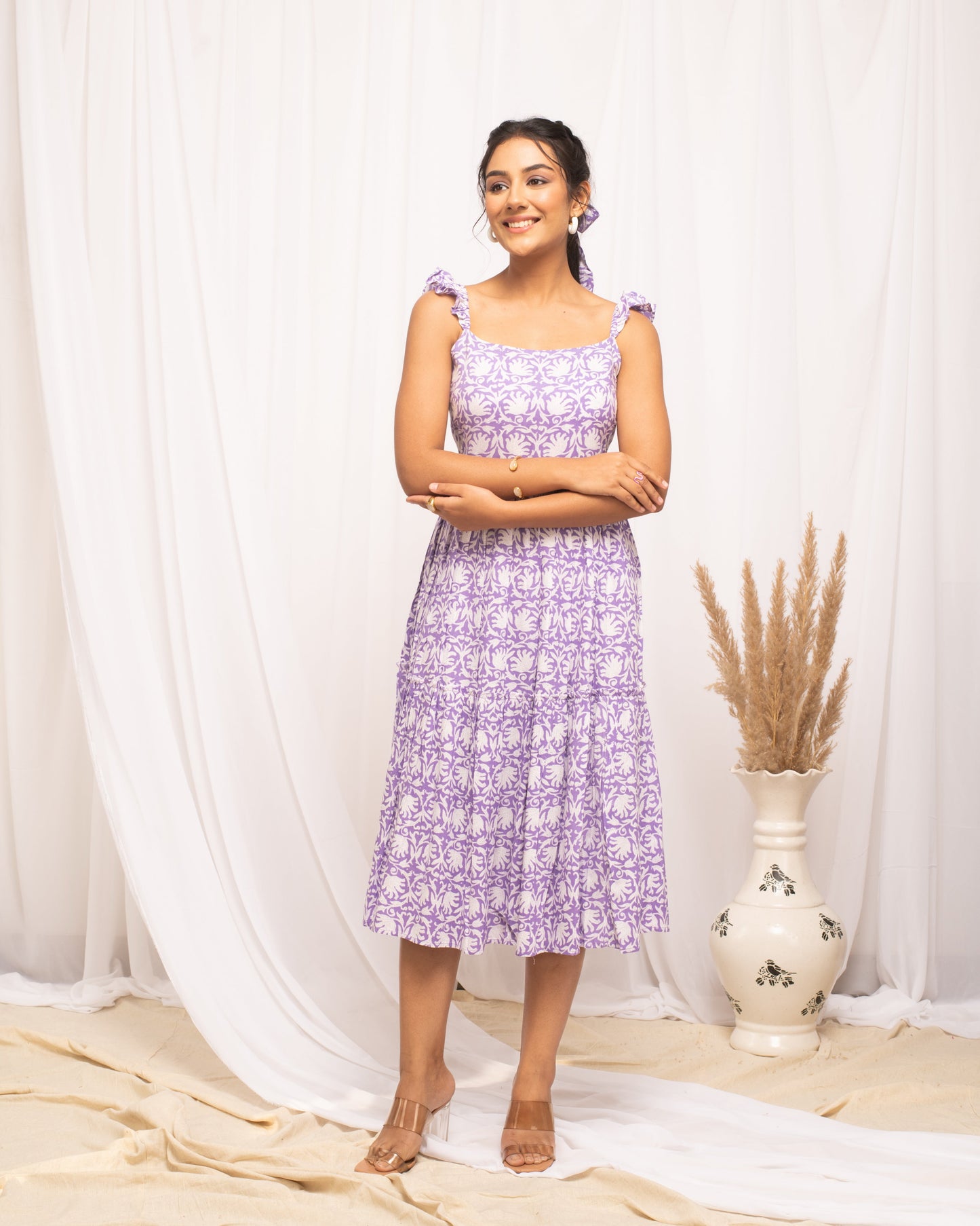 Women's Lavender Cotton Floral Printed Dress