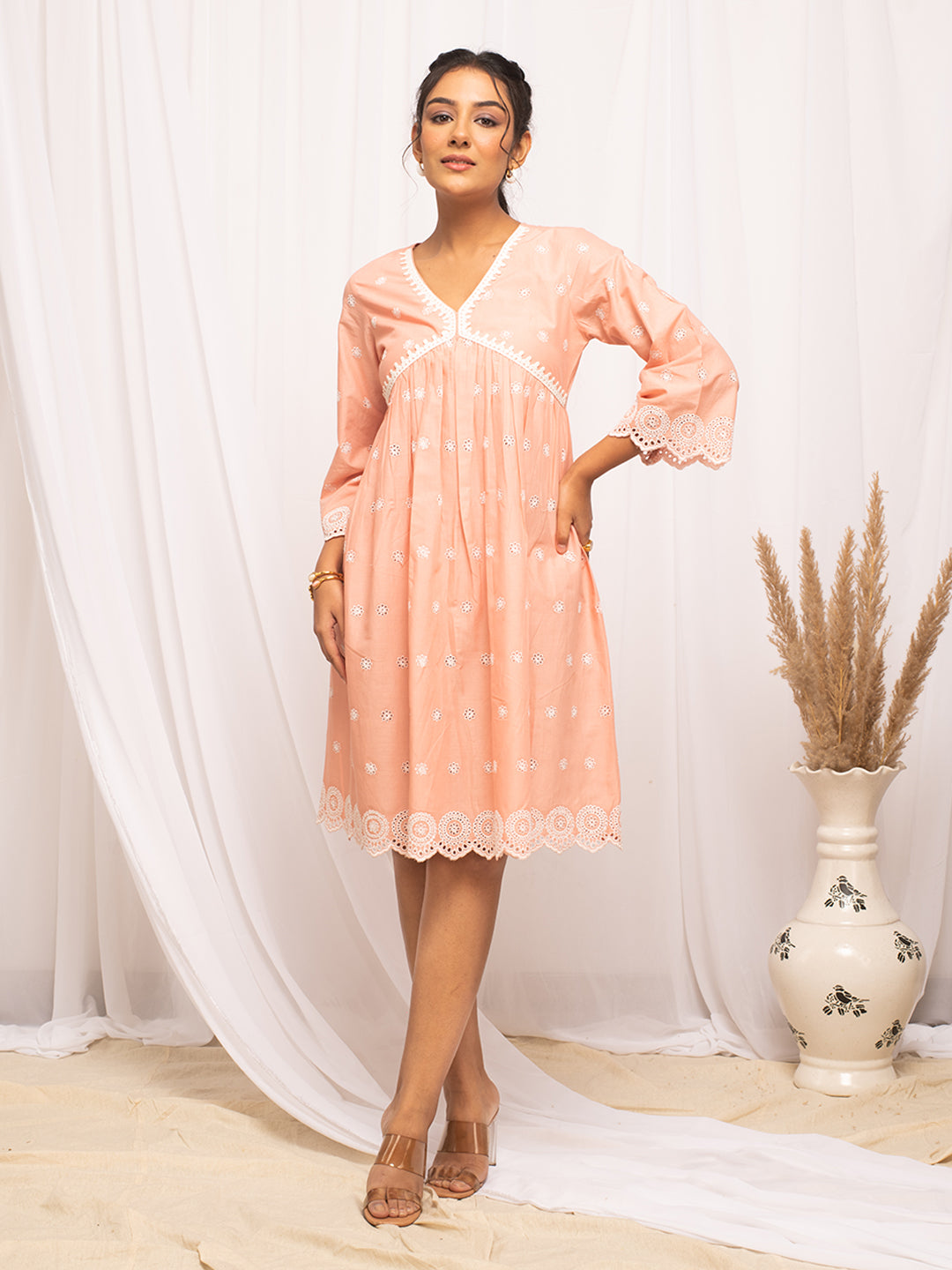 Dhiyona FL Women's Peach Schiffli Work Cotton Skater Dress M Dhiyona FL Women's Peach Schiffli Work Cotton Skater Dress M