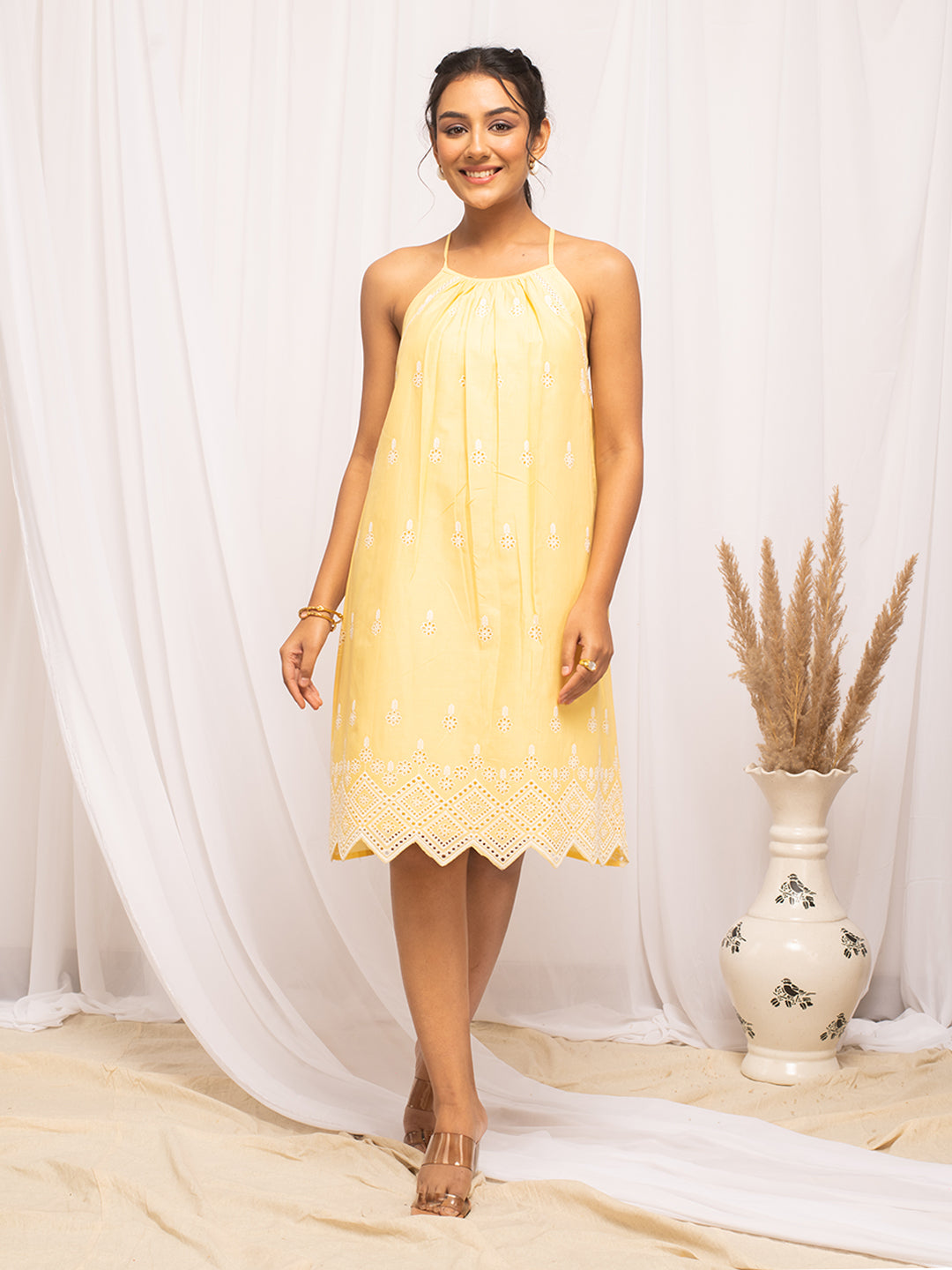 Dhiyona fl Women's Yellow Schiffli Work Cotton Skater Dress XL Dhiyona fl Women's Yellow Schiffli Work Cotton Skater Dress XL