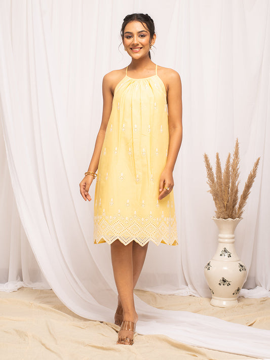 Dhiyona FL Women's Yellow Schiffli Work Cotton Skater Dress