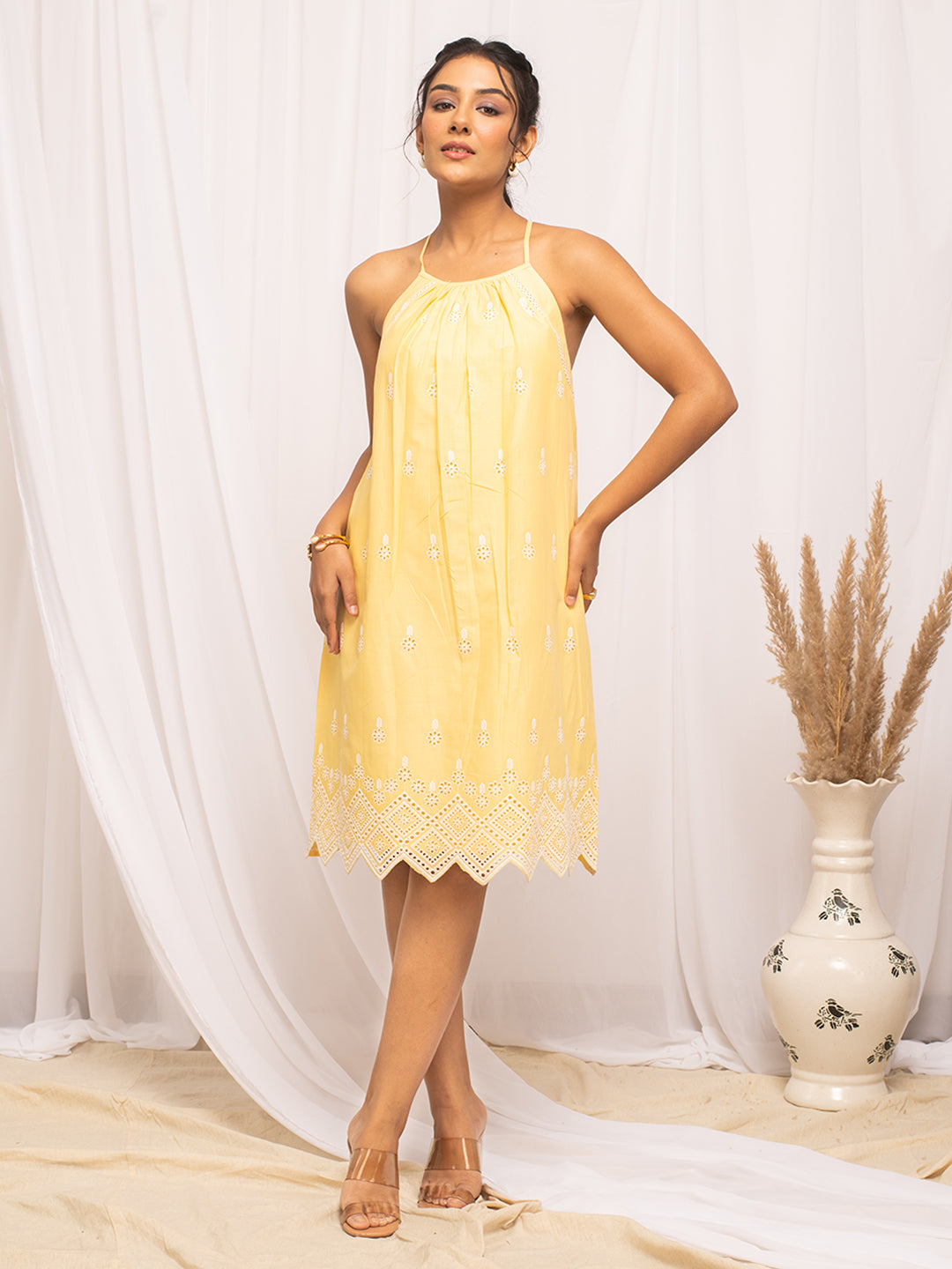 Dhiyona FL Women's Yellow Schiffli Work Cotton Skater Dress