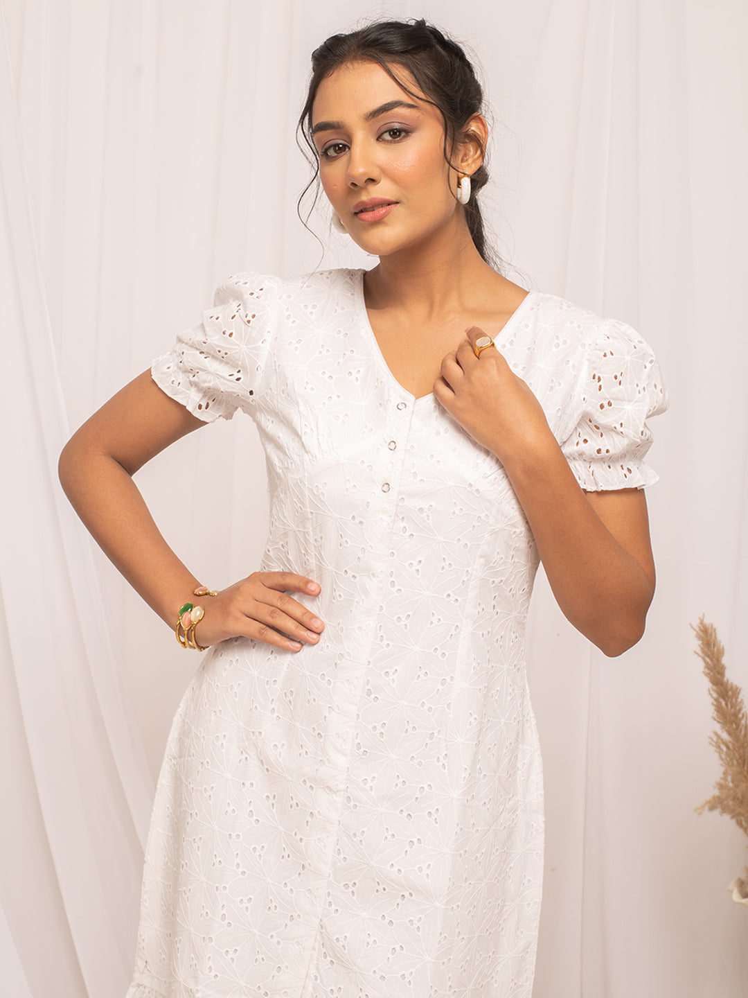 Dhiyona FL Women's White Schiffli Work Cotton Skater Dress