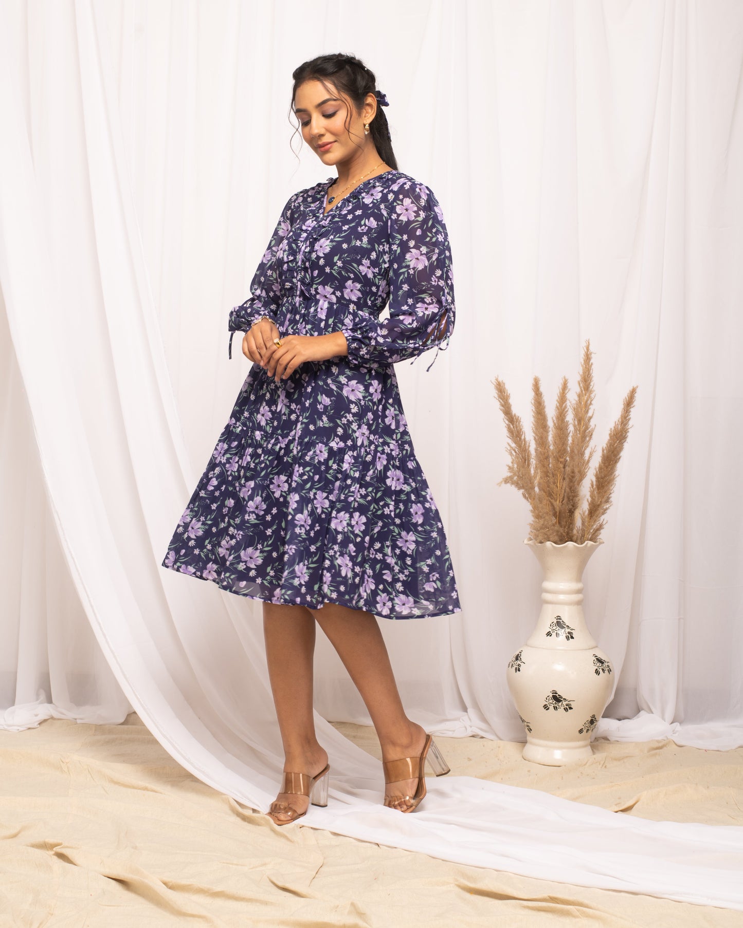 Women's Blue Georgette Floral Printed Dress