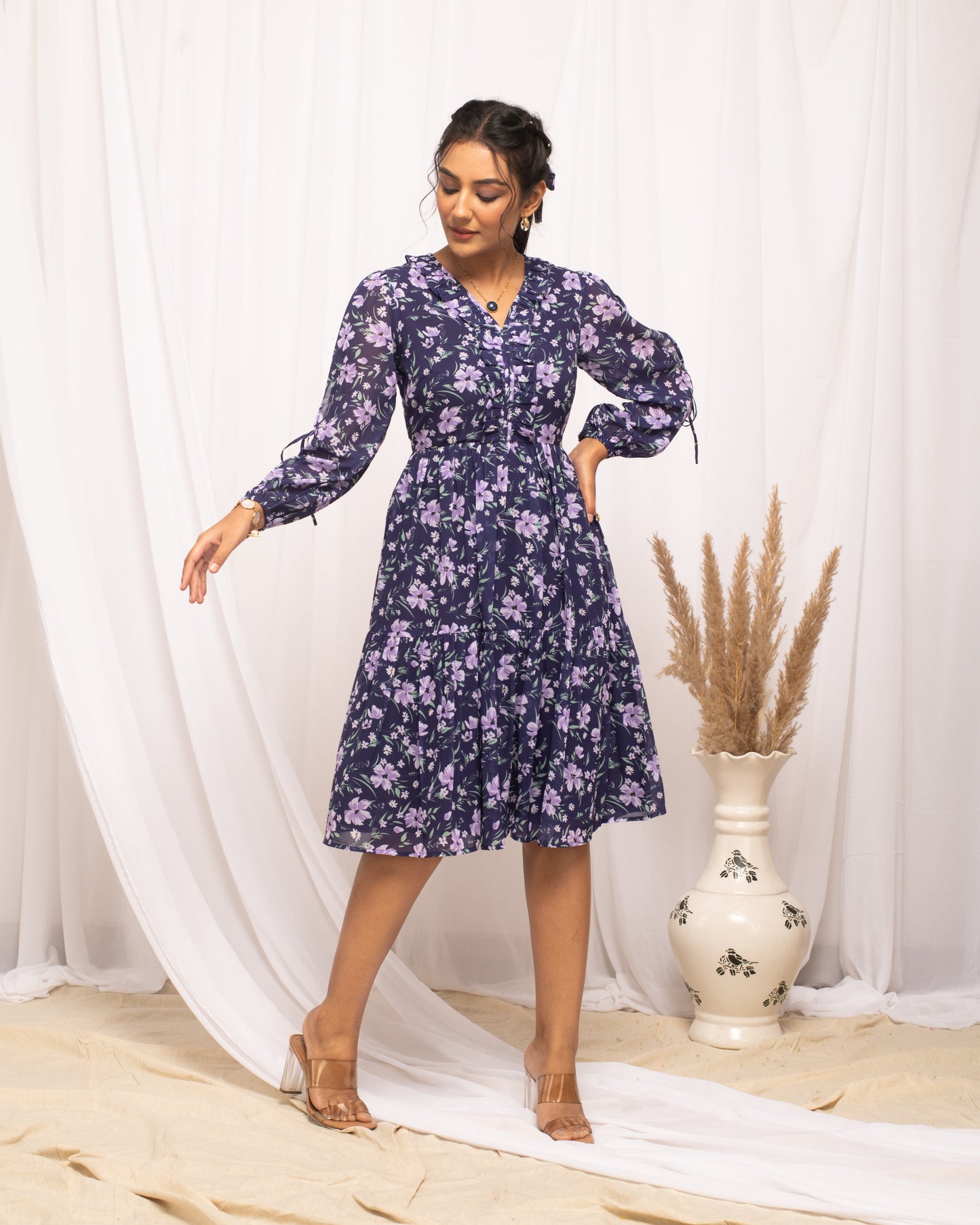 Women's Blue Georgette Floral Printed Dress