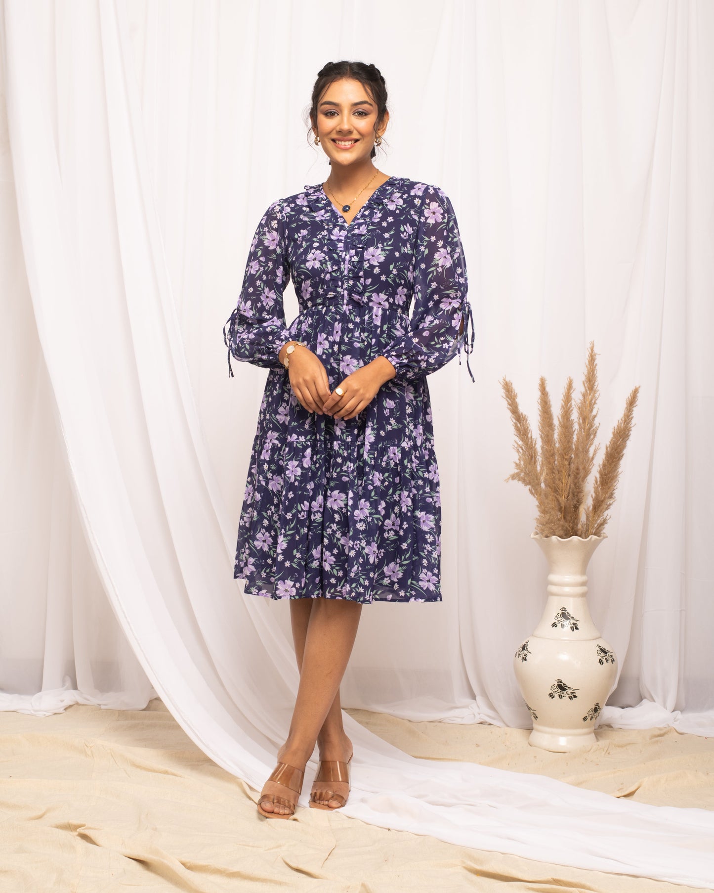 Women's Blue Georgette Floral Printed Dress