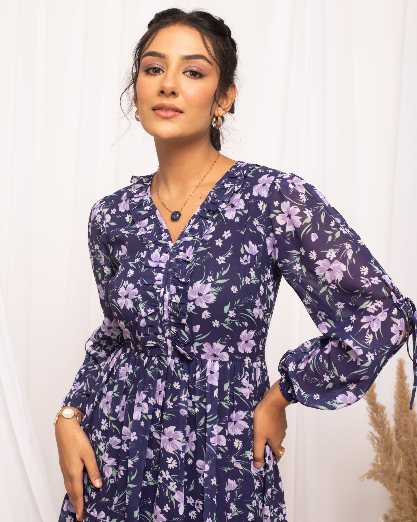 Women's Blue Georgette Floral Printed Dress
