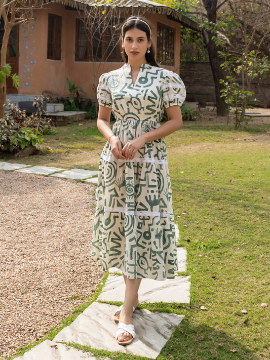 Dhiyona FL Women's Off-White Printed Cotton Midi Dress