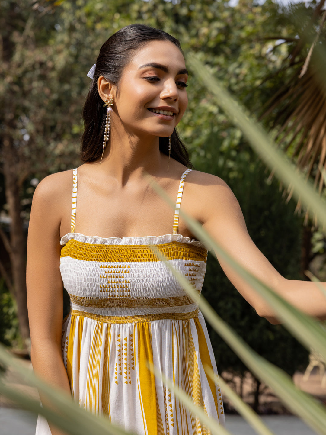 Dhiyona FL Women's Mustard Striped Cotton Midi Dress