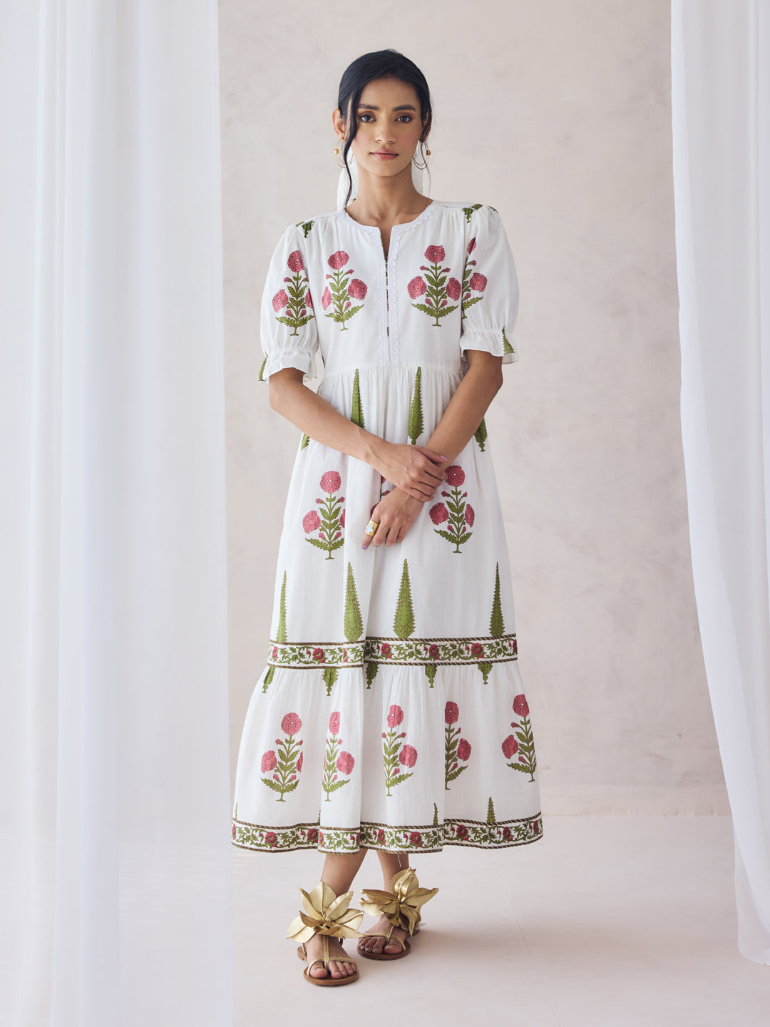 Dhiyona FL Women's Off-White Floral Printed Cotton Midi Dress