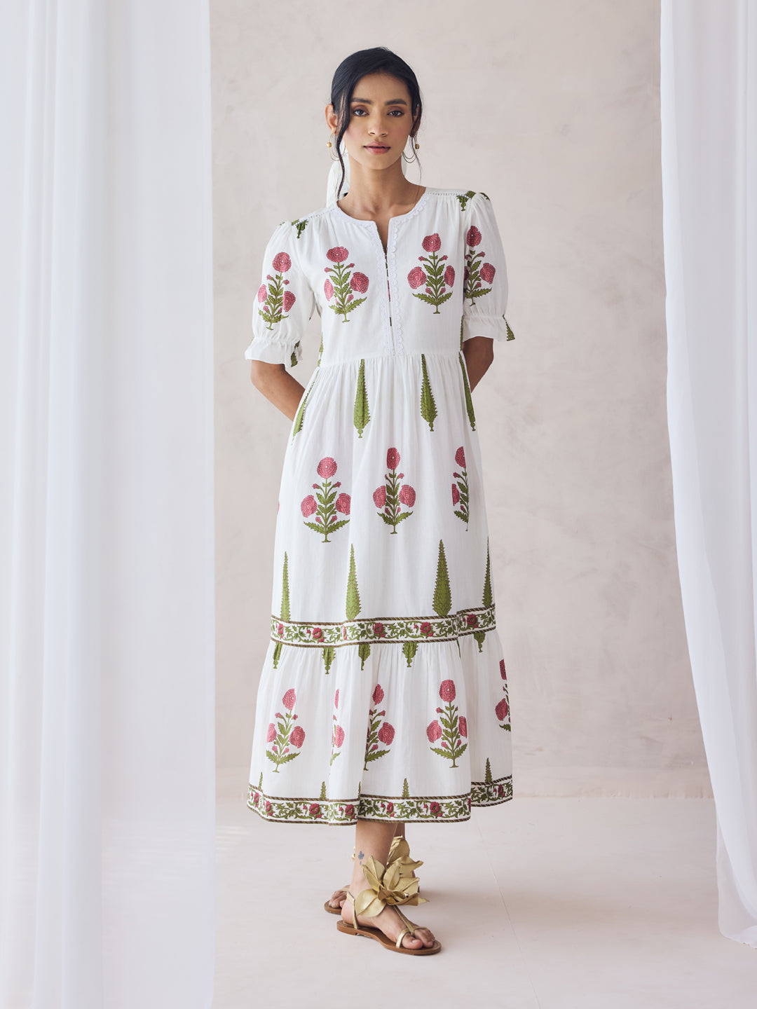 Dhiyona FL Women's Off-White Floral Printed Cotton Midi Dress