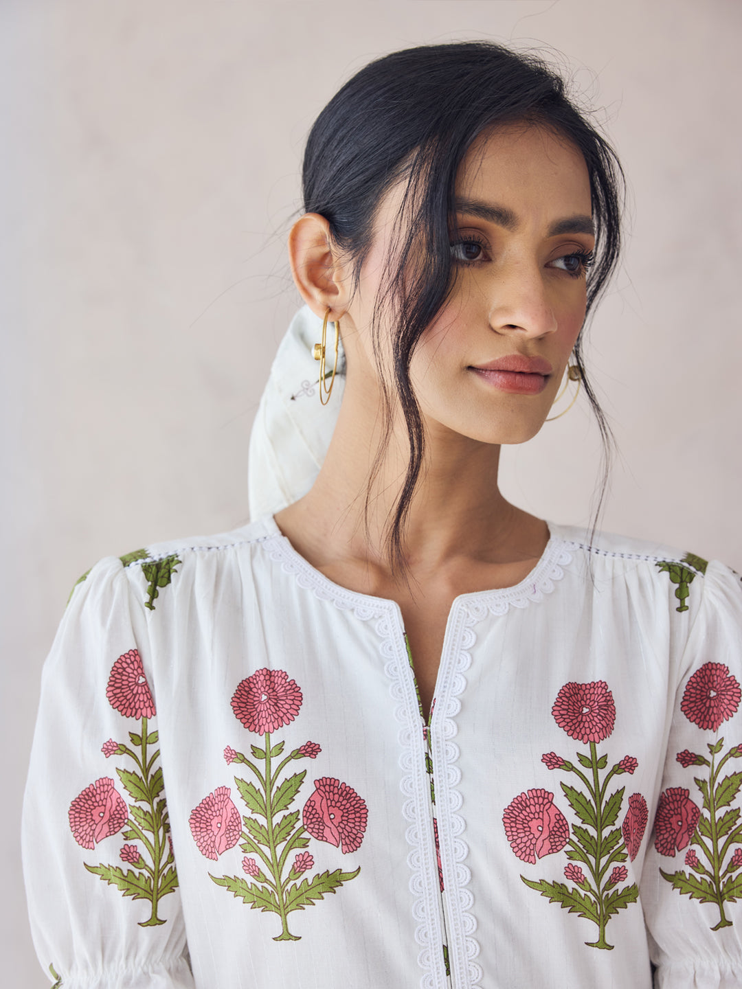 Dhiyona FL Women's Off-White Floral Printed Cotton Midi Dress