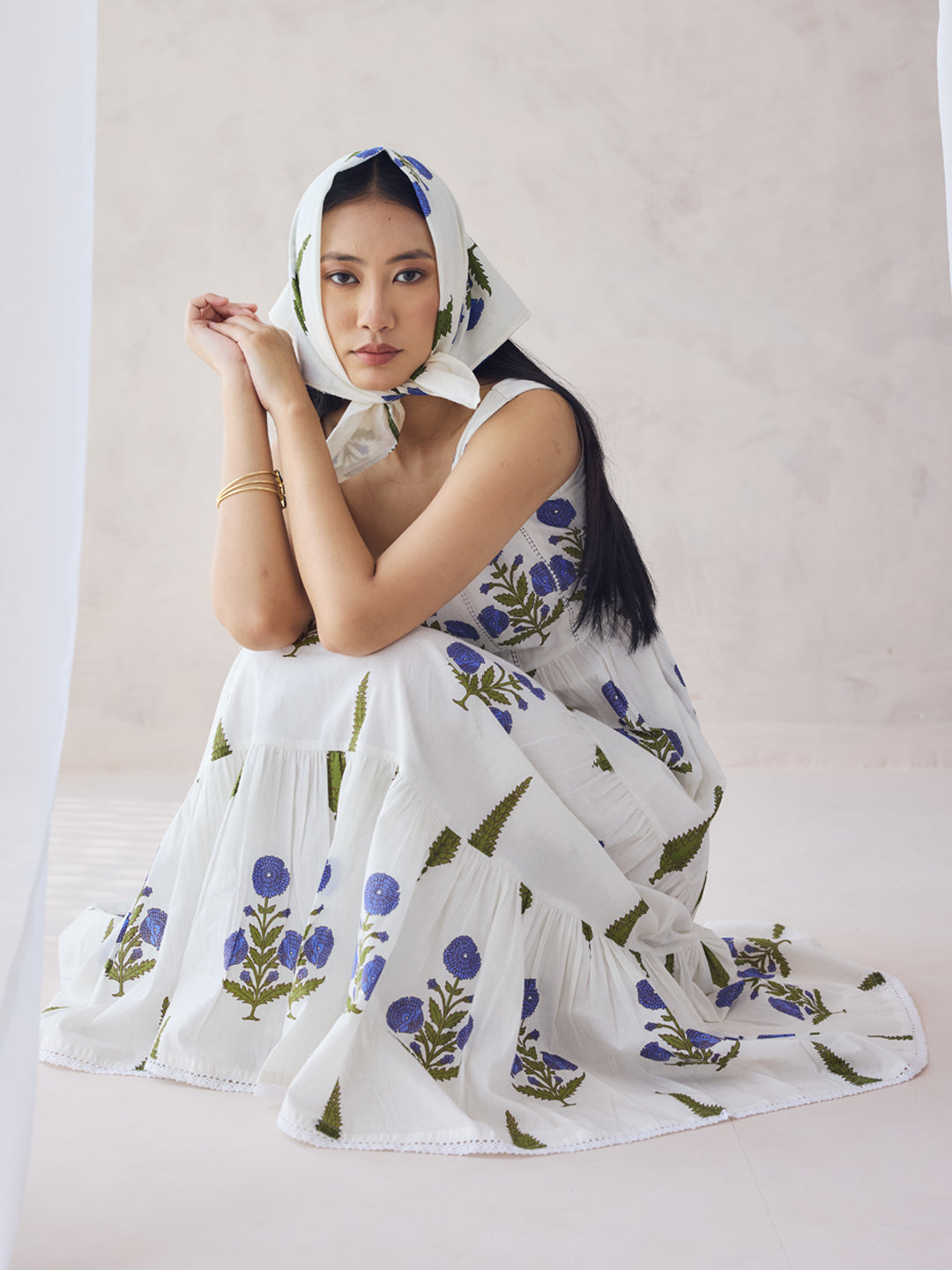 Dhiyona FL Women's Off-White Floral Printed Cotton Maxi Dress