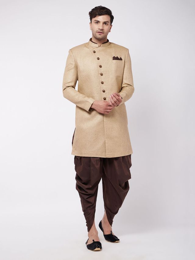 Men's Beige Polyester Lurex Blend Straight Sherwani Set