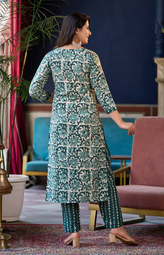 Women Dark Green, White Printed Viscose Rayon Kurta, Pant And Dupatta Set
