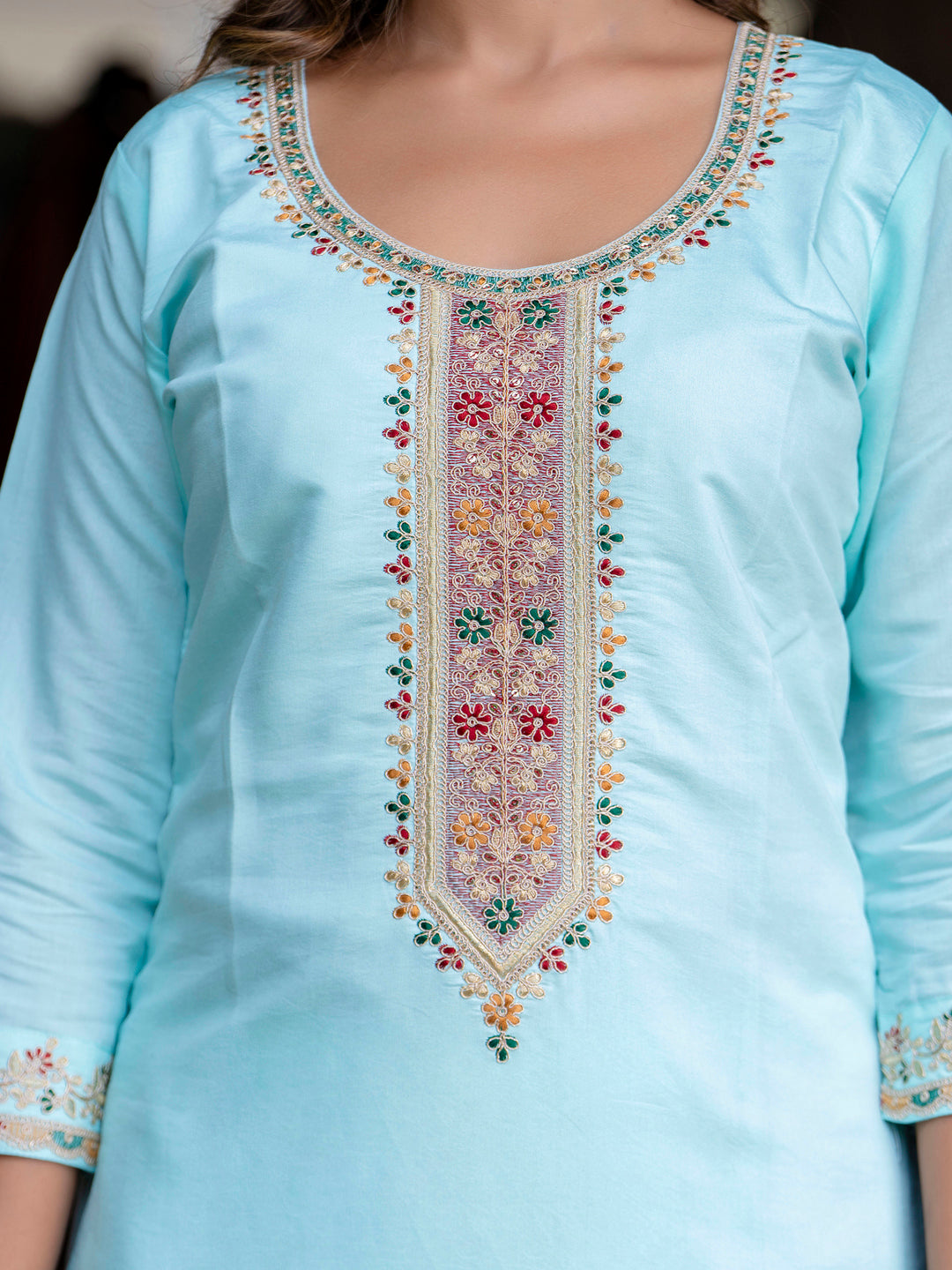 Dhiyona VV Women's Embroidered Silk Blend Calf Length Straight Kurta Trouser with Dupatta Set