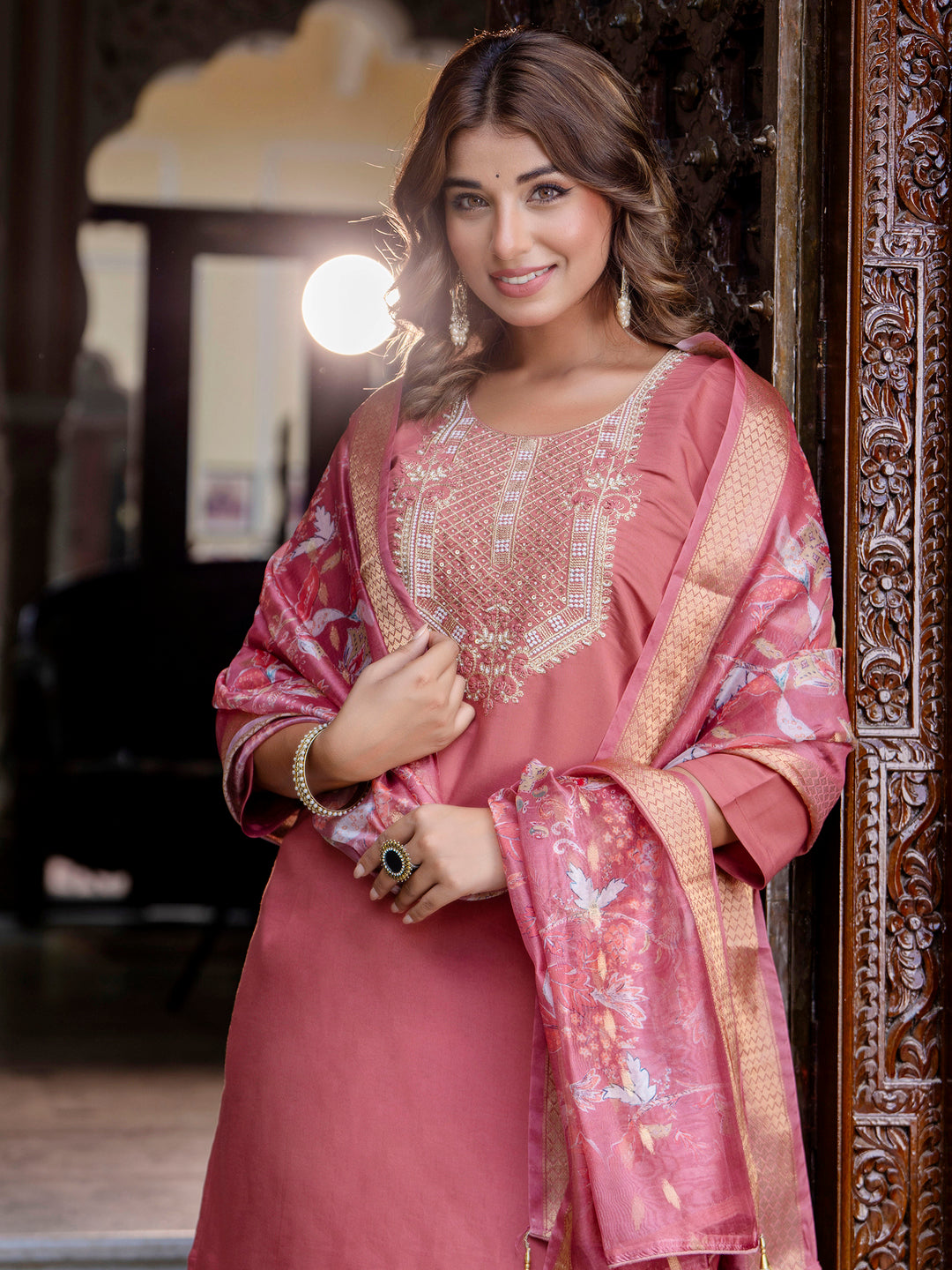 Dhiyona VV Women's Embroidered Silk Blend Calf Length Straight Kurta Trouser with Dupatta Set