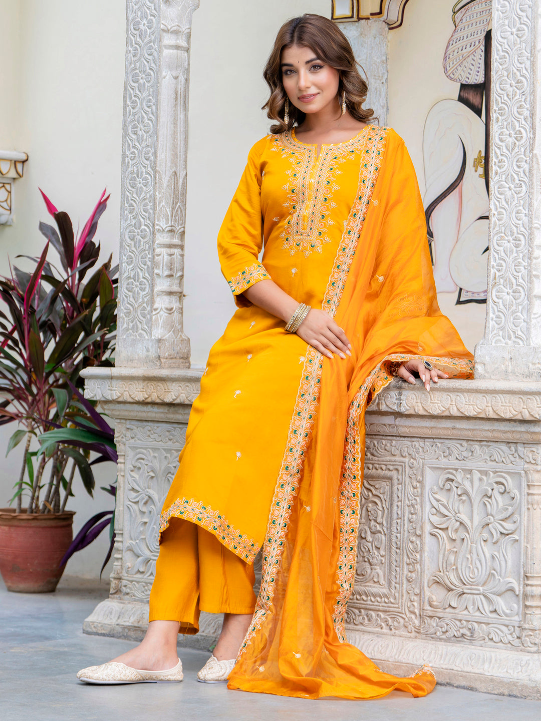 Dhiyona VV Women's Embroidered Silk Blend Calf Length Straight Kurta Trouser with Dupatta Set