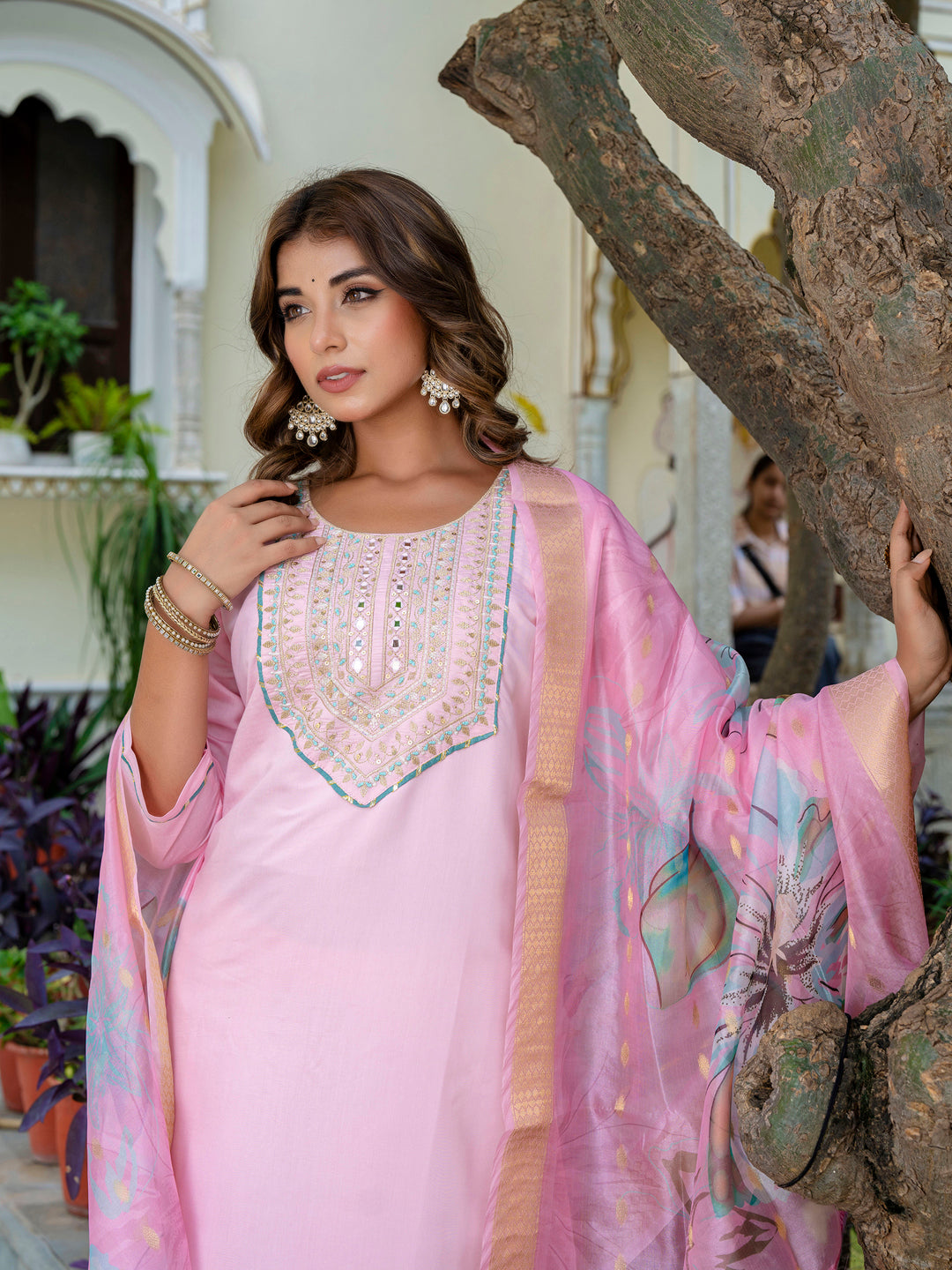 Dhiyona VV Women's Embroidered Silk Blend Calf Length Straight Kurta Trouser with Dupatta Set