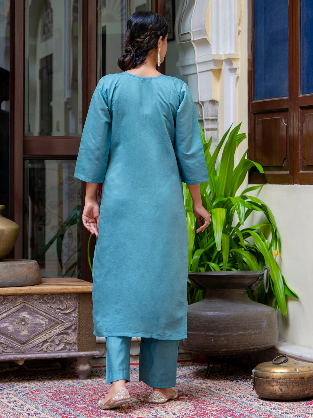 Dhiyona VV Women's Embroidered Silk Blend Calf Length Straight Kurta Trouser with Dupatta Set