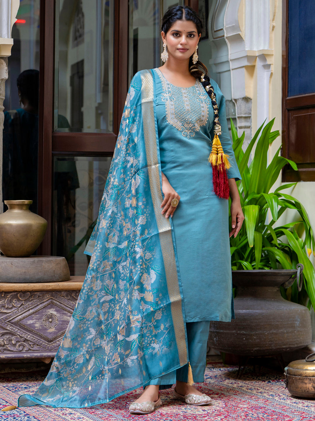 Dhiyona VV Women's Embroidered Silk Blend Calf Length Straight Kurta Trouser with Dupatta Set