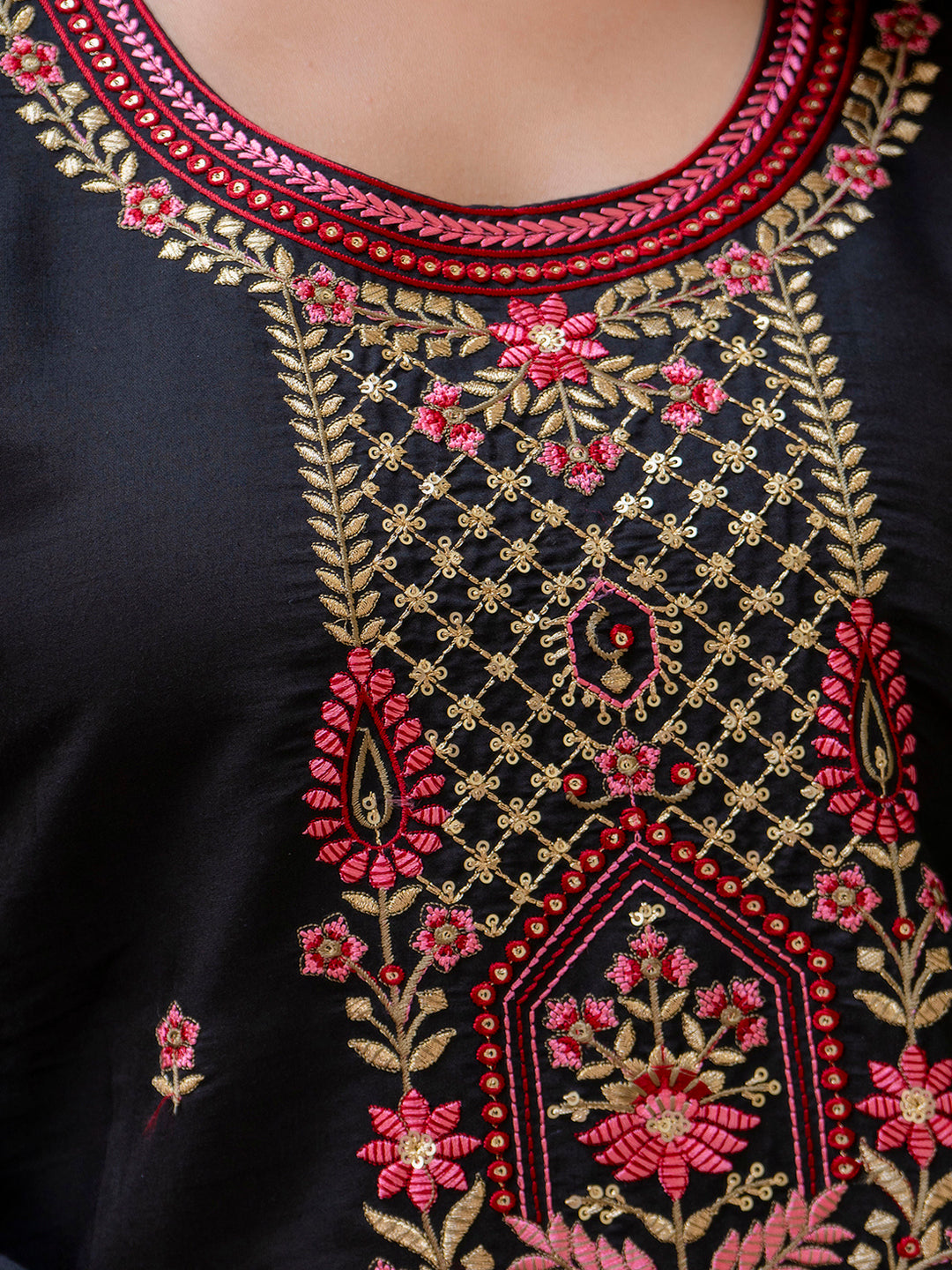 Dhiyona VV Women's Embroidered Silk Blend Calf Length Straight Kurta Trouser with Dupatta Set