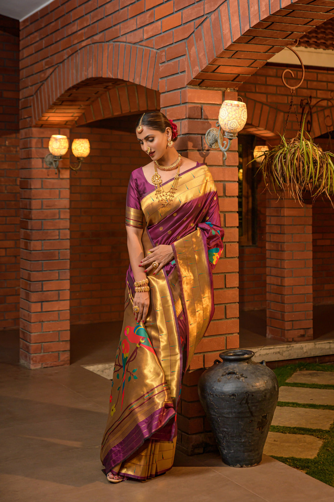 Dhiyona GR Women's Muniya Wine Zari Paithani Silk Saree