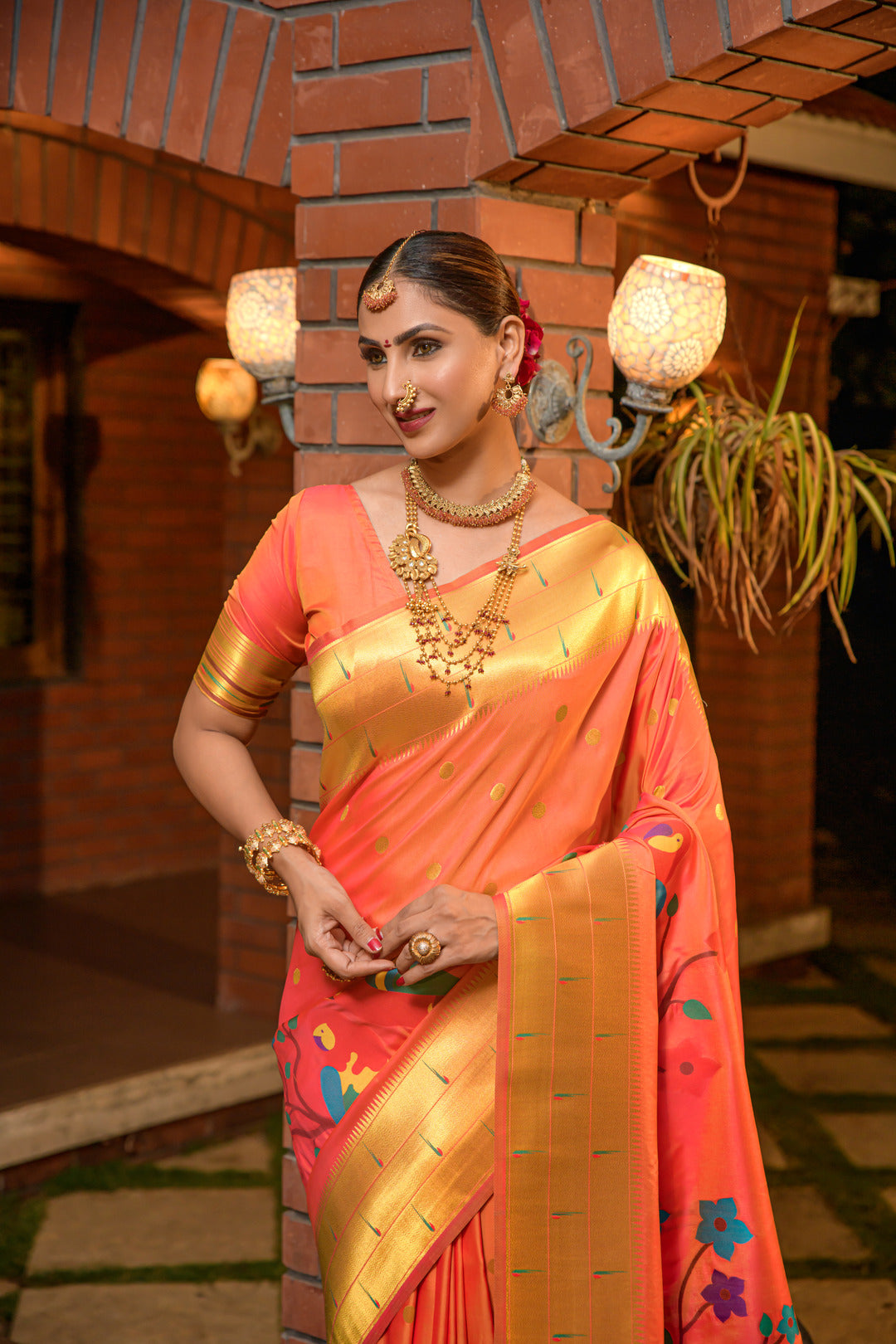 Dhiyona GR Women's Muniya Orange Zari Paithani Silk Saree