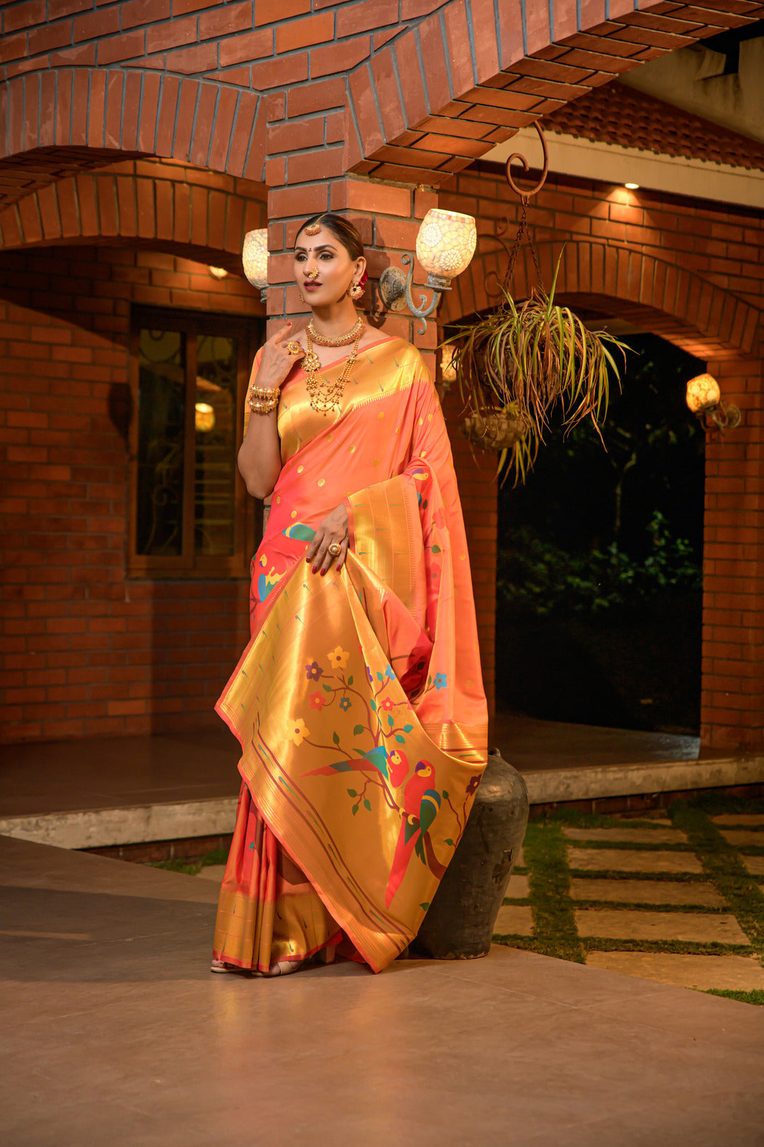 Dhiyona GR Women's Muniya Orange Zari Paithani Silk Saree