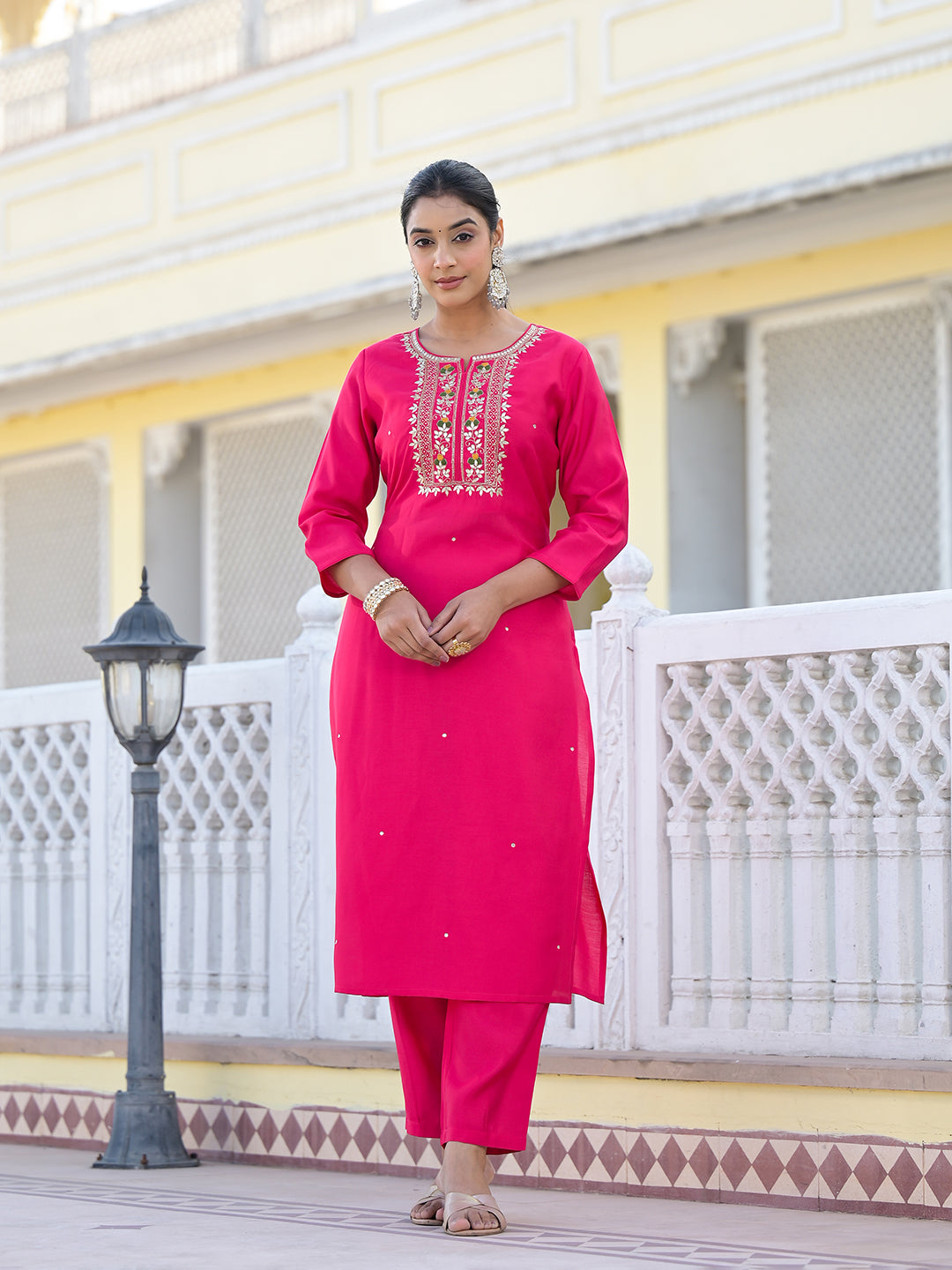 Dhiyona VR Women's Round Neck Gotta Patti Embroidered Kurta Paired With Bottom And Printed Dupatta