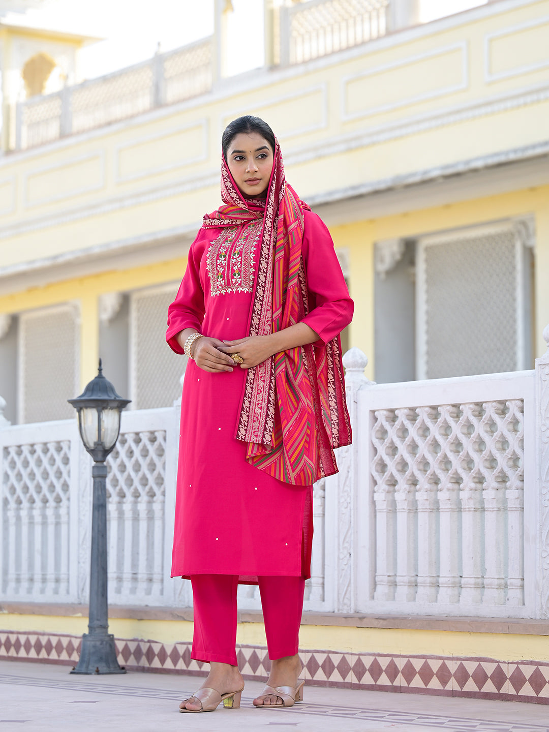 Dhiyona VR Women's Round Neck Gotta Patti Embroidered Kurta Paired With Bottom And Printed Dupatta