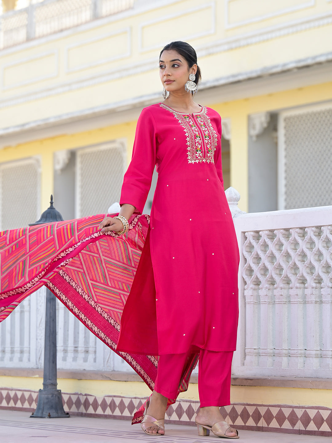 Dhiyona VR Women's Round Neck Gotta Patti Embroidered Kurta Paired With Bottom And Printed Dupatta
