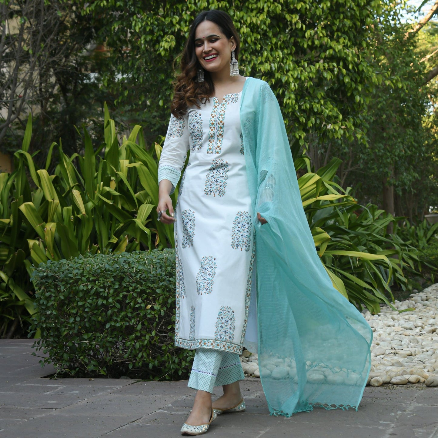 Women Light Sky Printed Pure Cotton Kurta And Pant Set