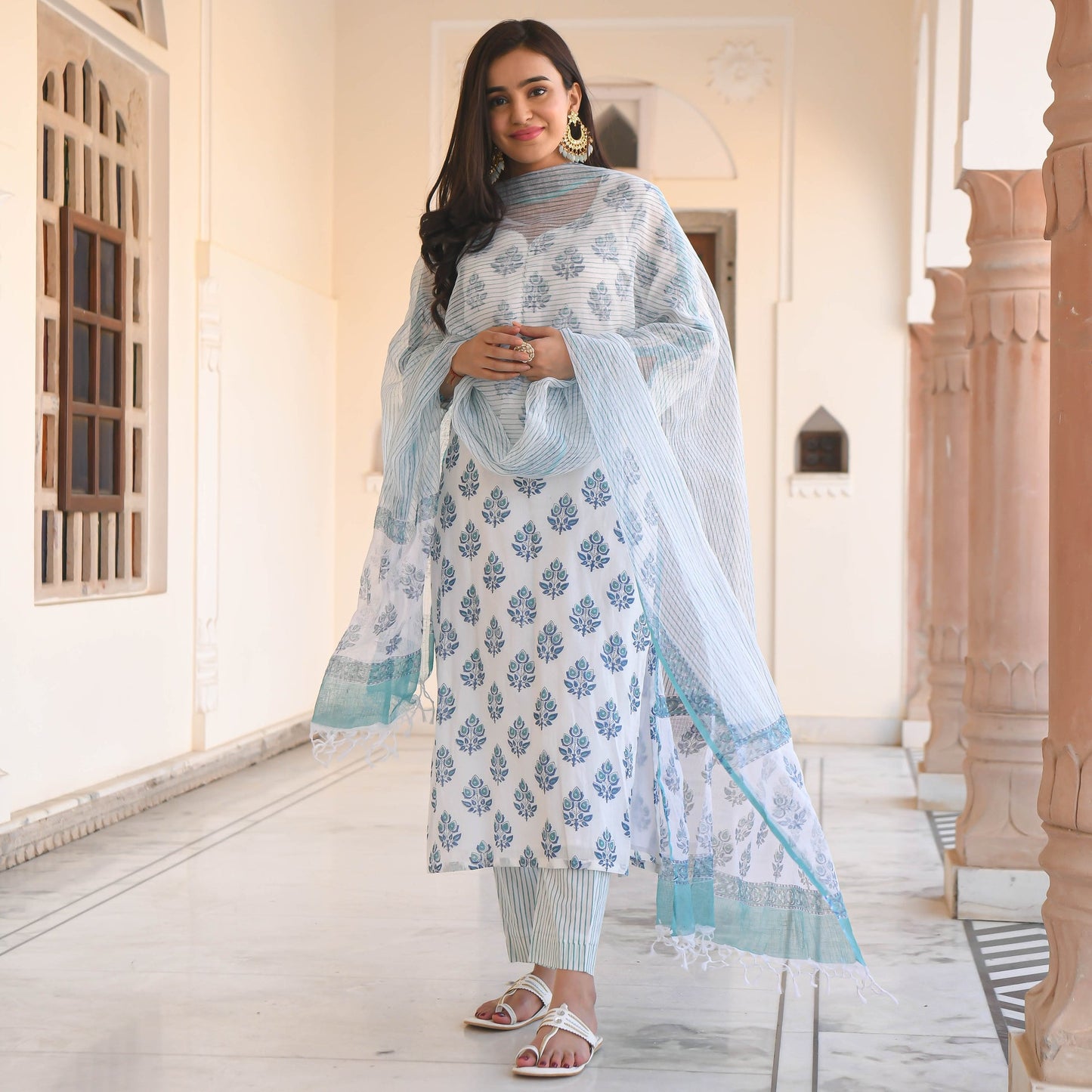 Women Blue Printed Viscose Rayon Kurta, Pant And Dupatta Set
