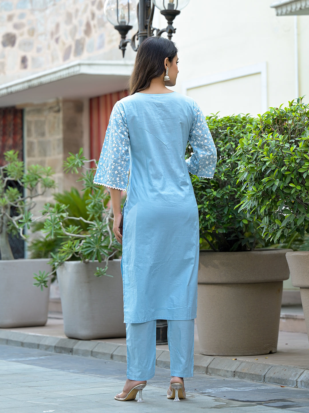 Dhiyona VR Women's Blue Chikankari Embroidered V Neck Kurta Set With Dupatta