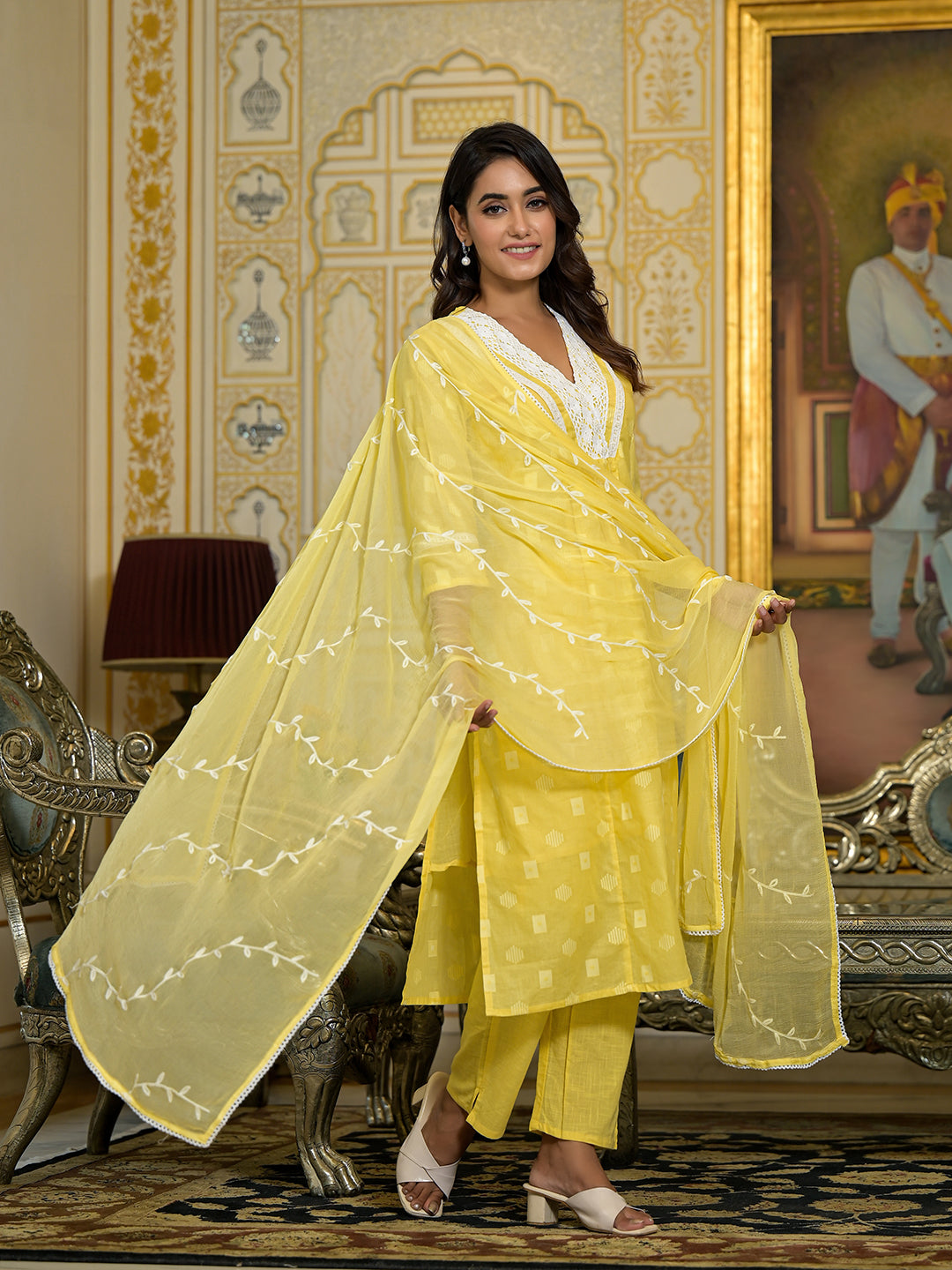 Dhiyona VR Women's Yellow V Neck Embroidered Kurta Set With Dupatta