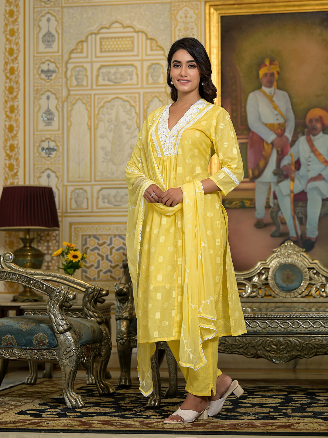 Dhiyona VR Women's Yellow V Neck Embroidered Kurta Set With Dupatta